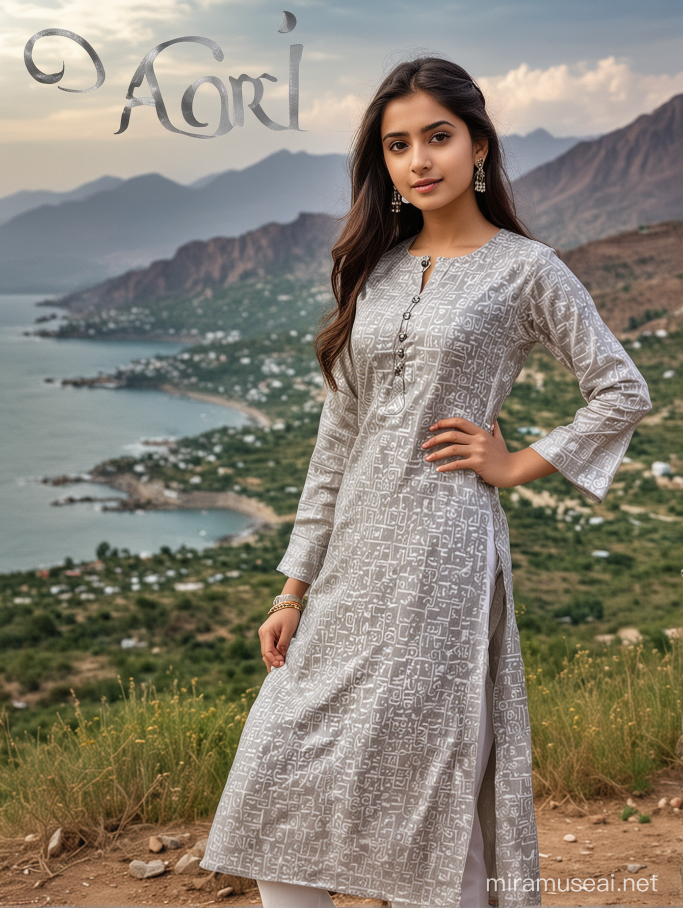 A beautiful 16-year-old girl named Pari, wearing a stylish kurti with the name 'Pari' printed in silver letters, striking an amazing pose. The background is a scenic view, enhancing the beauty of the overall image