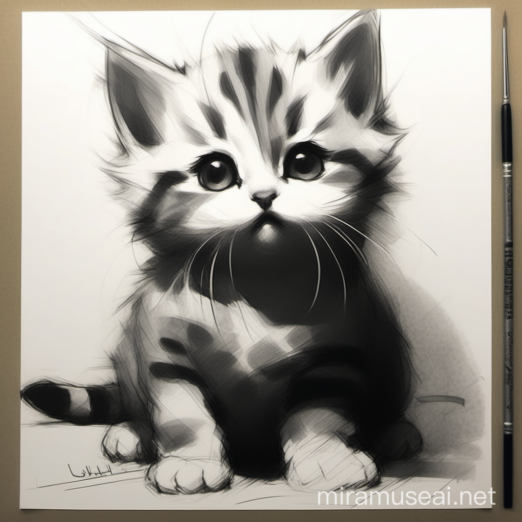 lushill style, charcoal sketch of cute adorable chubby kitten in style of jeremy mann