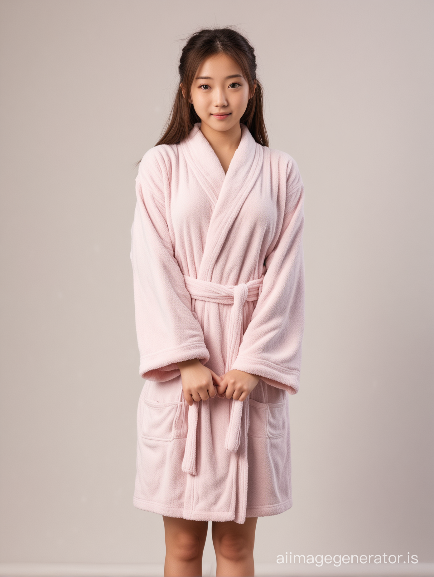 
japanese cute teen girl in bathrobe, front view, full body, 