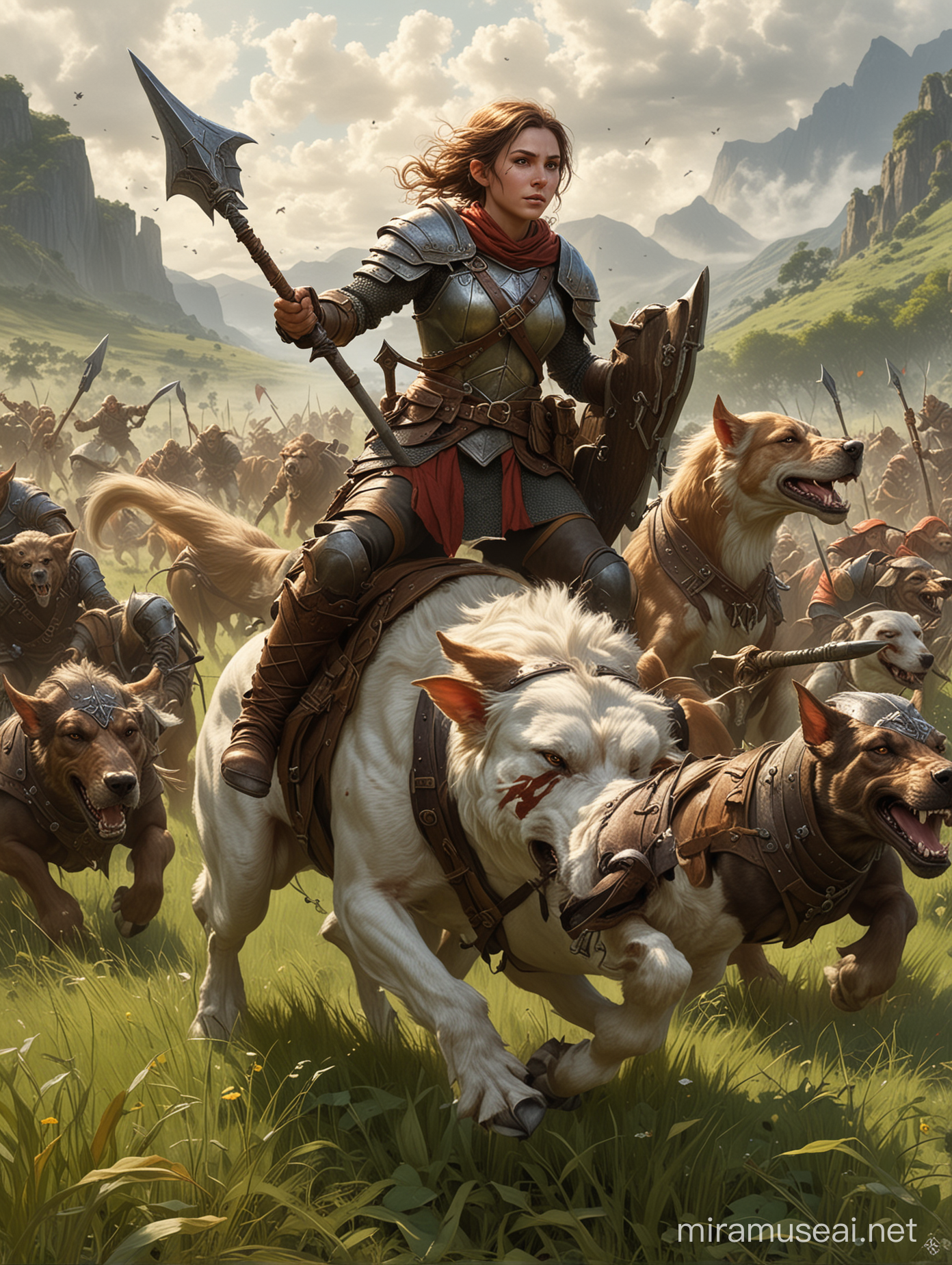 Brave Female Halfling Soldier Riding SpearWielding Hound Charges Goblins