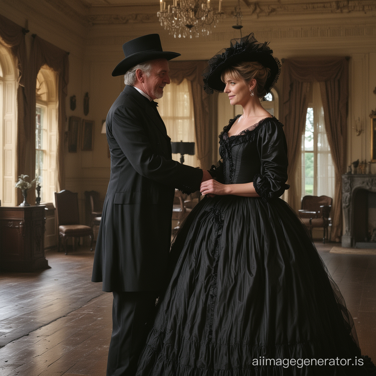 Amanda Tapping as Major Samantha Carter wearing a black floor-length loose billowing 1860 Victorian crinoline poofy dress with a frilly bonnet in a Victorian era mansion dancing with an old man dressed into a black Victorian suit who seems to be her newlywed husband
