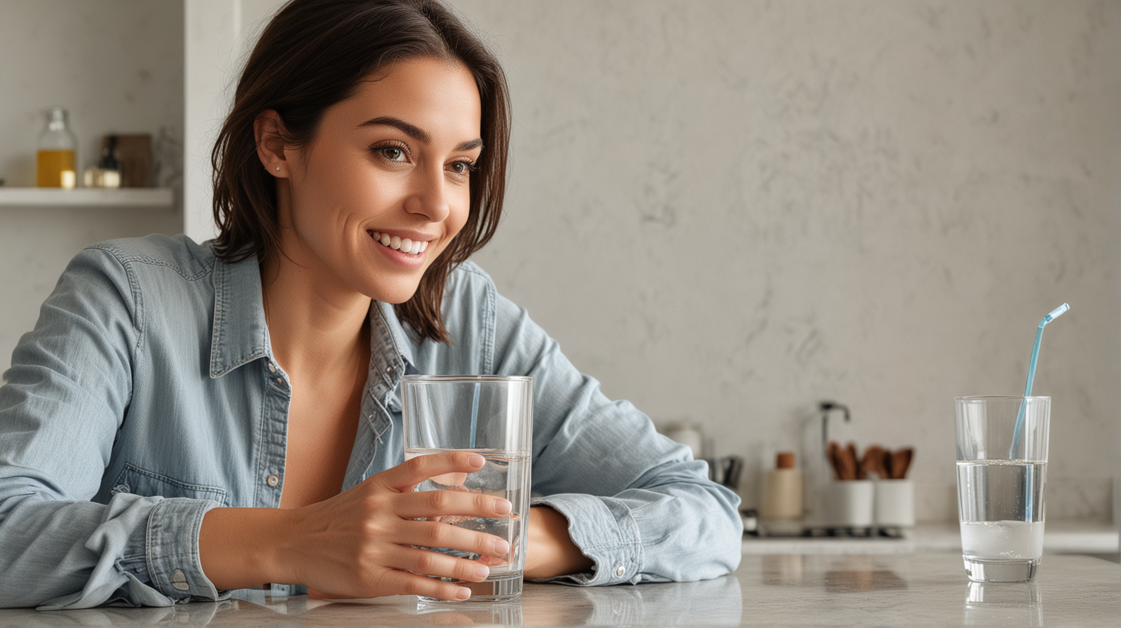 woman with a glass of water set on a counter top