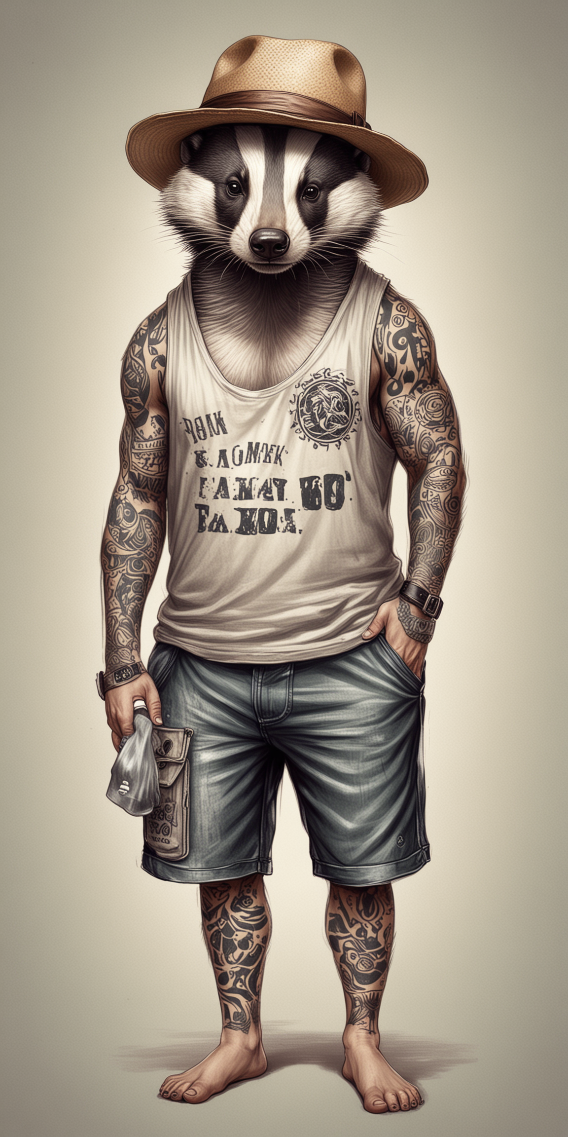 a drawn badger in board shorts and a tank top ready for summer with tattoos and a hat