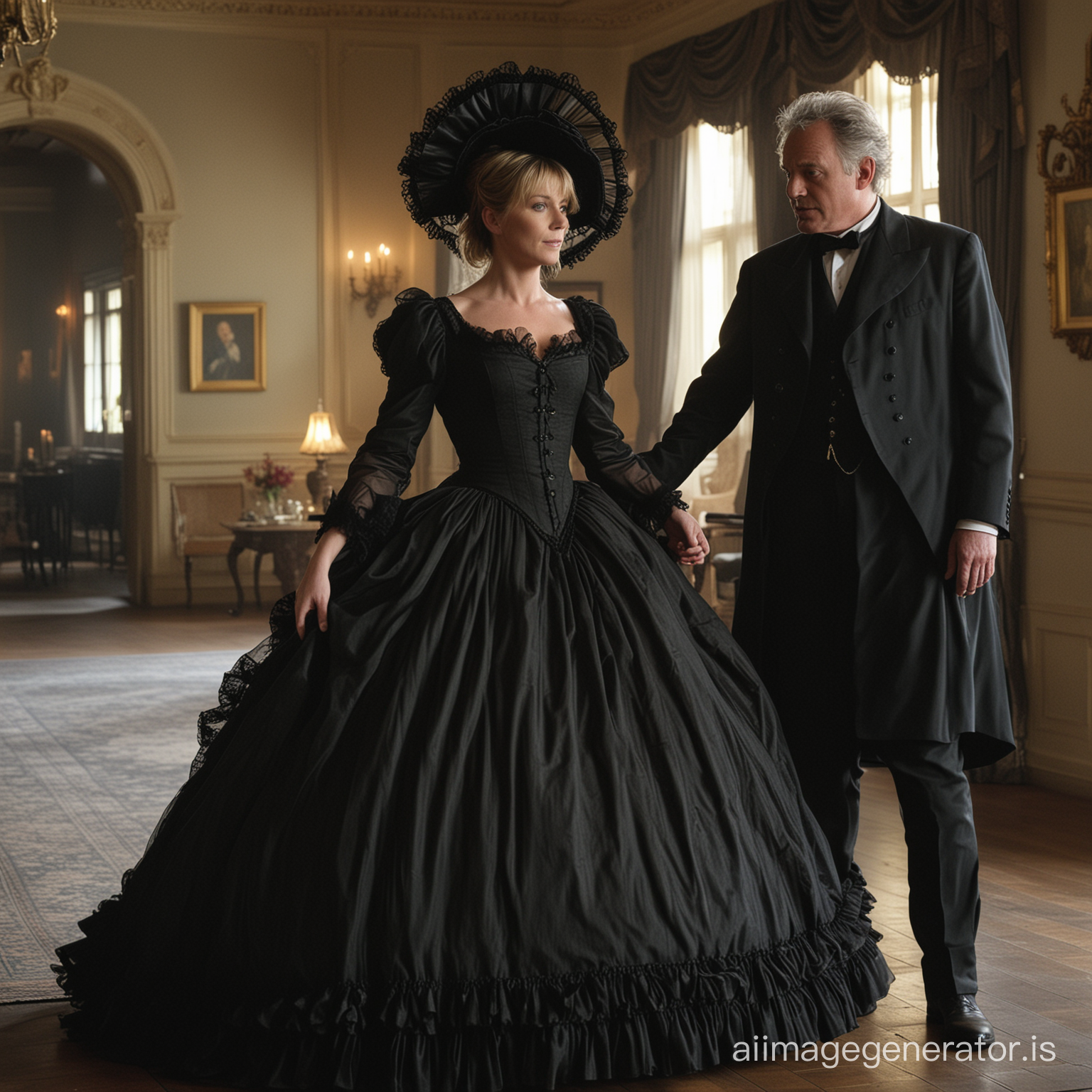Amanda Tapping as Major Samantha Carter wearing a black floor-length loose billowing 1860 Victorian crinoline poofy dress with a frilly bonnet in a Victorian era mansion dancing with an old man dressed into a black Victorian suit who seems to be her newlywed husband