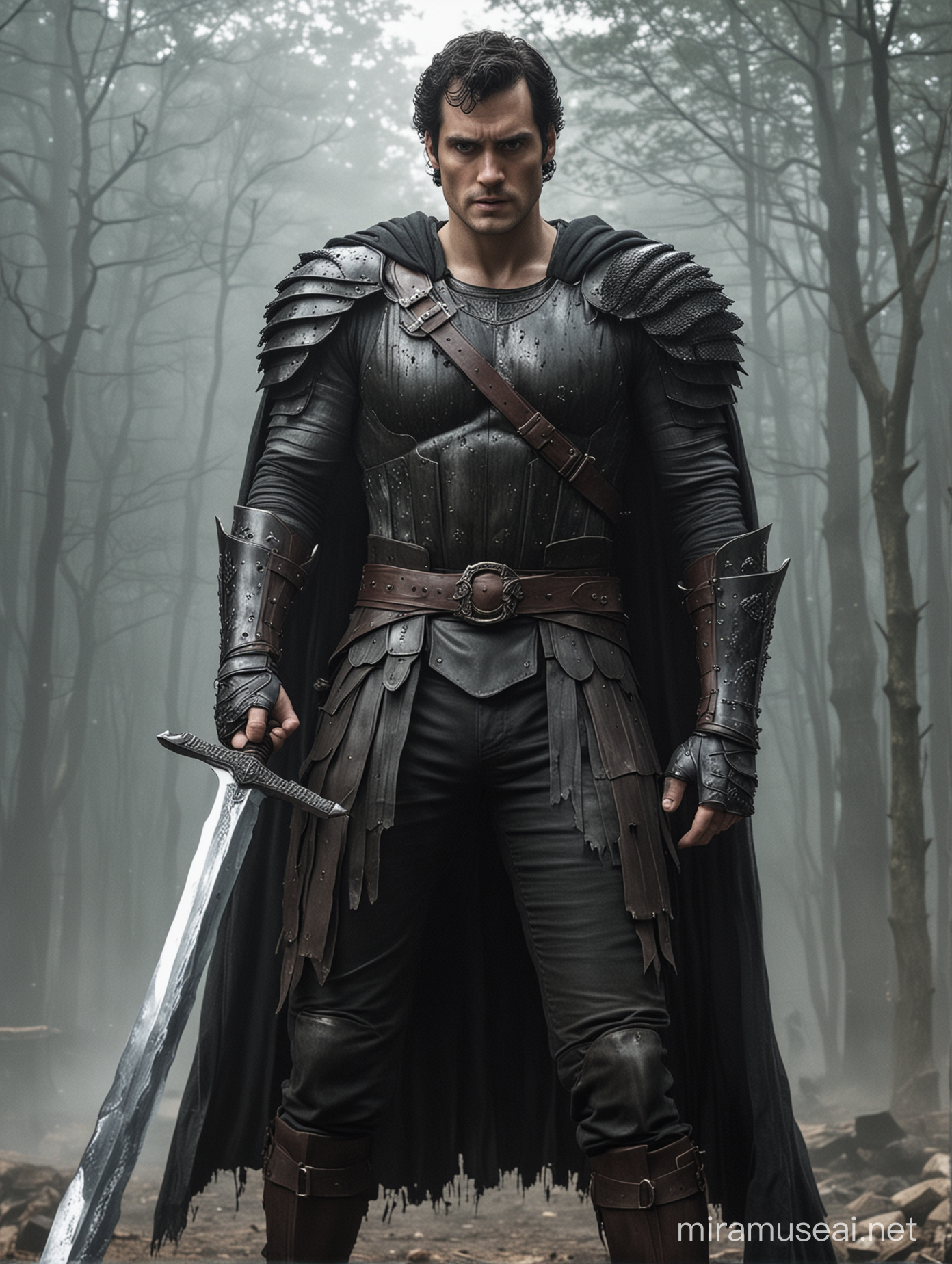 Henry Cavill as Guts from "Berserk", standing with huge sword, and his one hand being cut-off