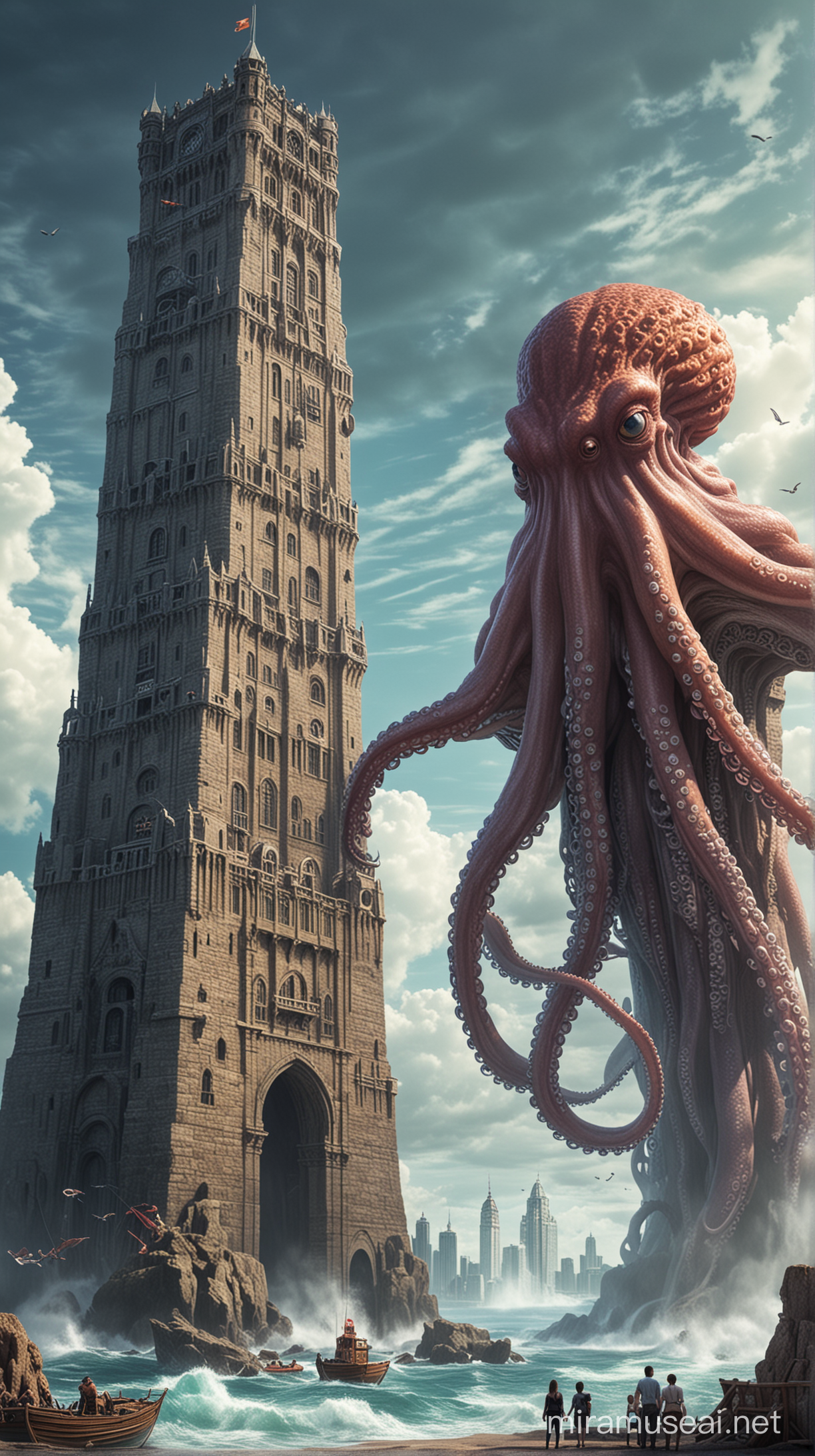 una torre enorme y un pulpo gigante
