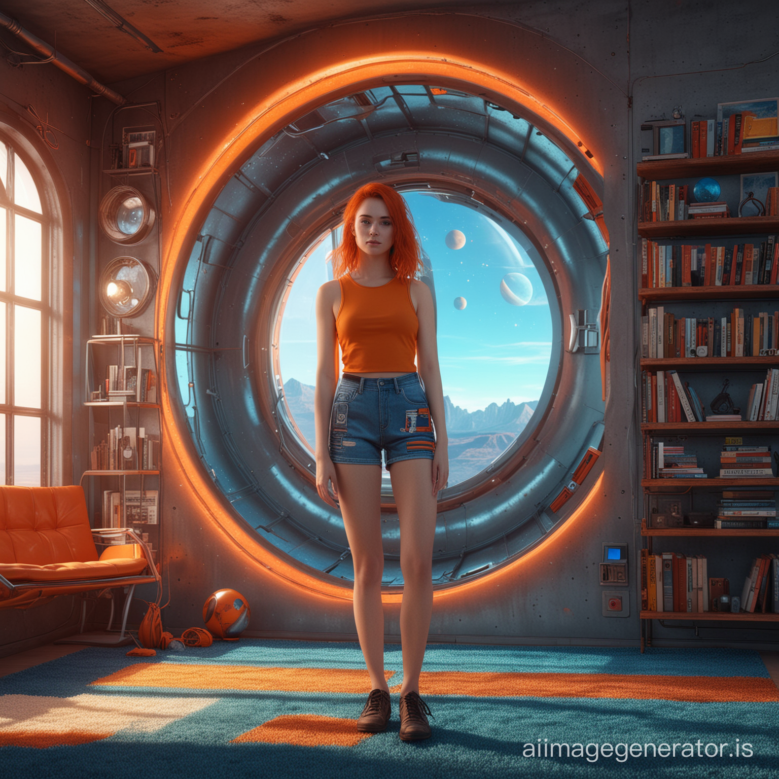  From near side, standing by window. Sci-fi design cozy 3D metal capsule apartment in a spacestation. Red planet. Sun. Sci-fi space 3D feeling. Bookshelf. Screens. Stained-glass blue round window with reflection and Orange LED. Colorful carpet. Full body side view. Good-looking teen women with freckles curious detailed eyes and smile. Tight tanktop and slinky shorts. Ultra realistic. Wide angle.
