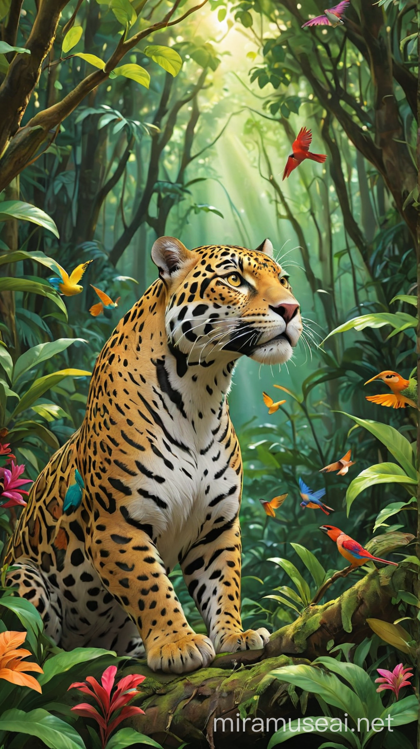 Jaguar and Colorful Birds in Lush Sunlit Forest Coloring Book Cover