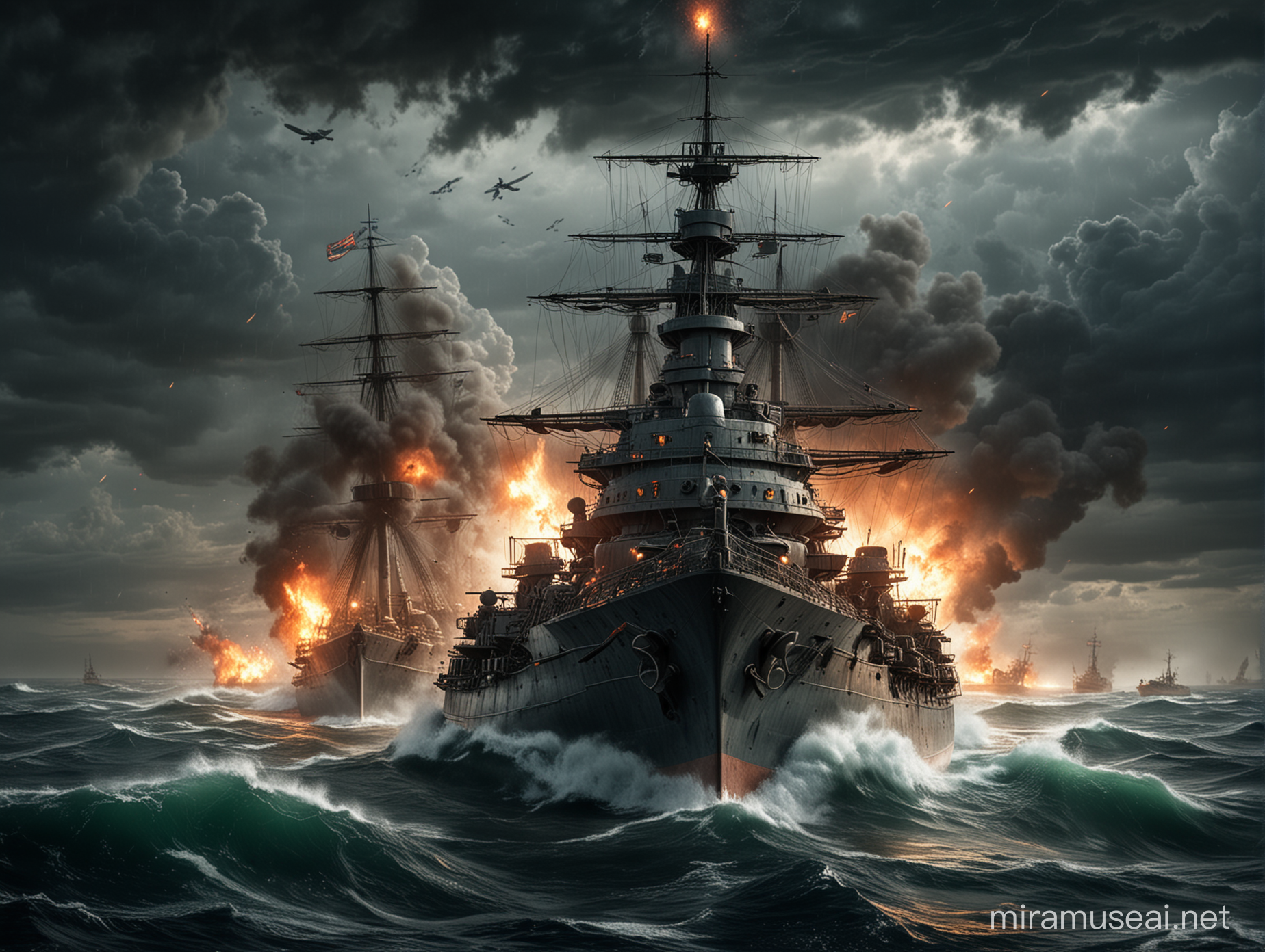 a battleship on intense naval fight  and fire on the ship
and a stormy environment