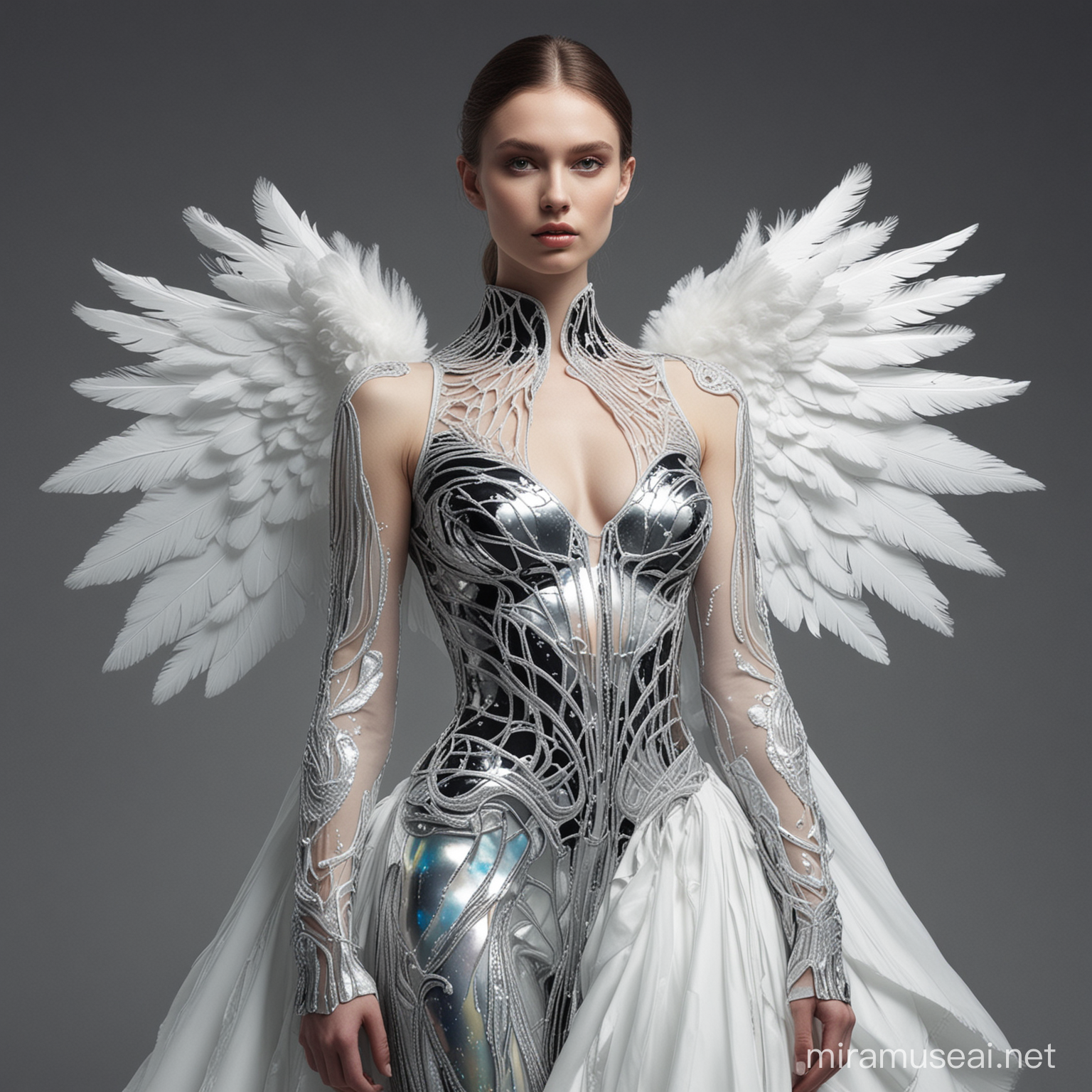 Ethereal Trumpeter Swan Fashion Collection AvantGarde Majesty in Iridescent Whites and Shimmering Silvers