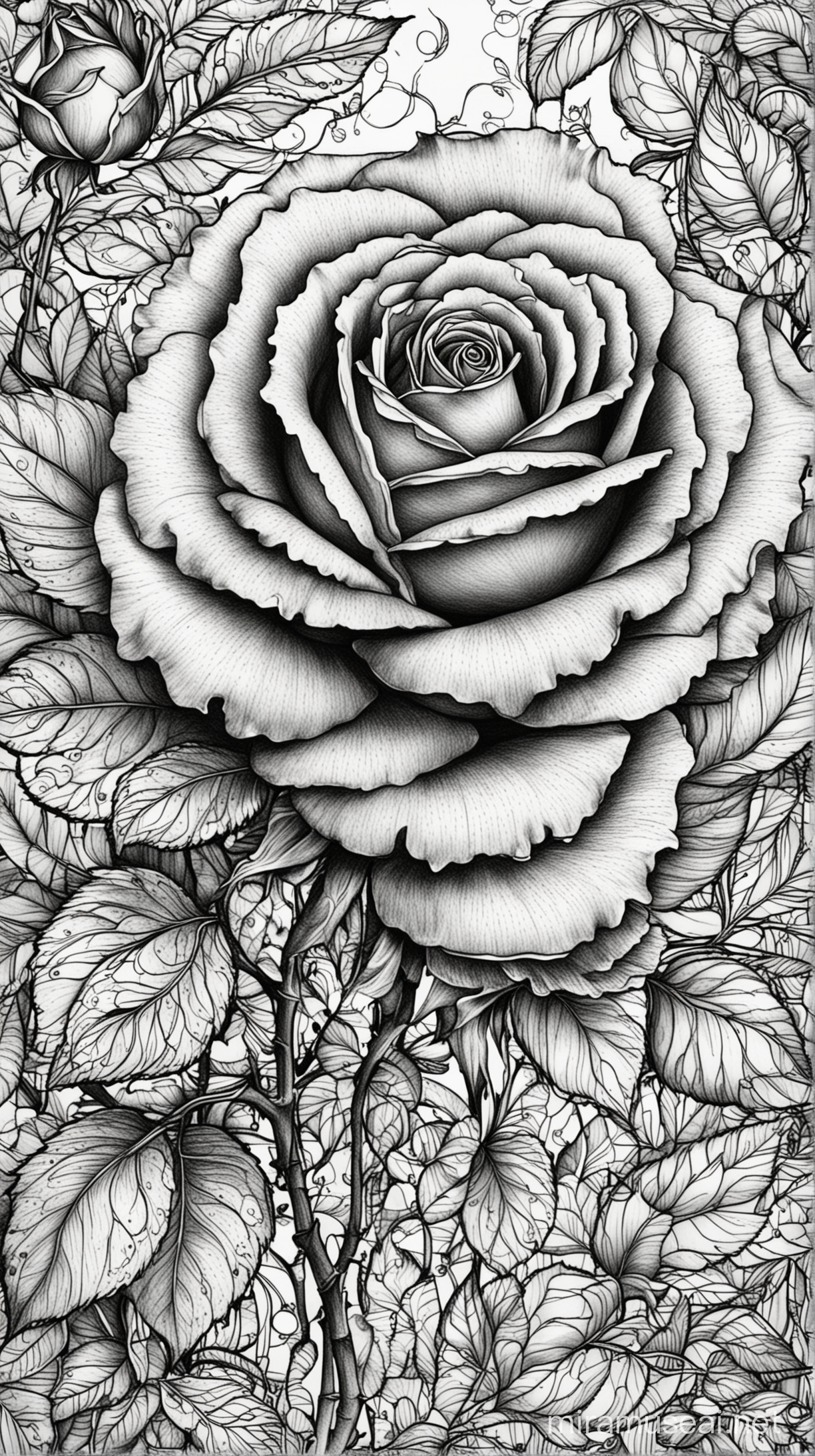 Intricate Black and White Rose Pattern Coloring Page