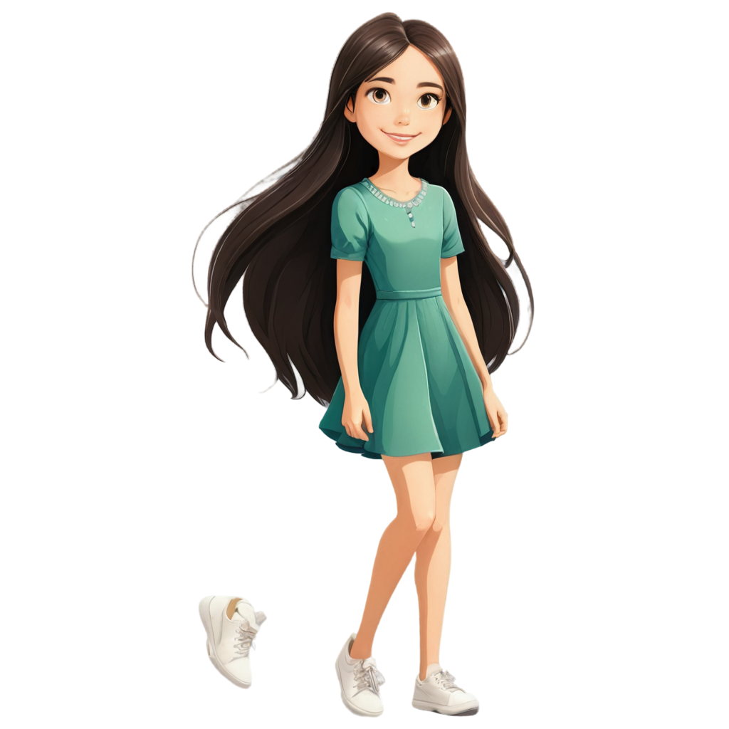 Cartoon drawing for Children's book. Draw A beautiful little girl with white skin, big light brown eyes and long black hair. She is around 13 years old. She is wearing a yellow dress and white shoes. 