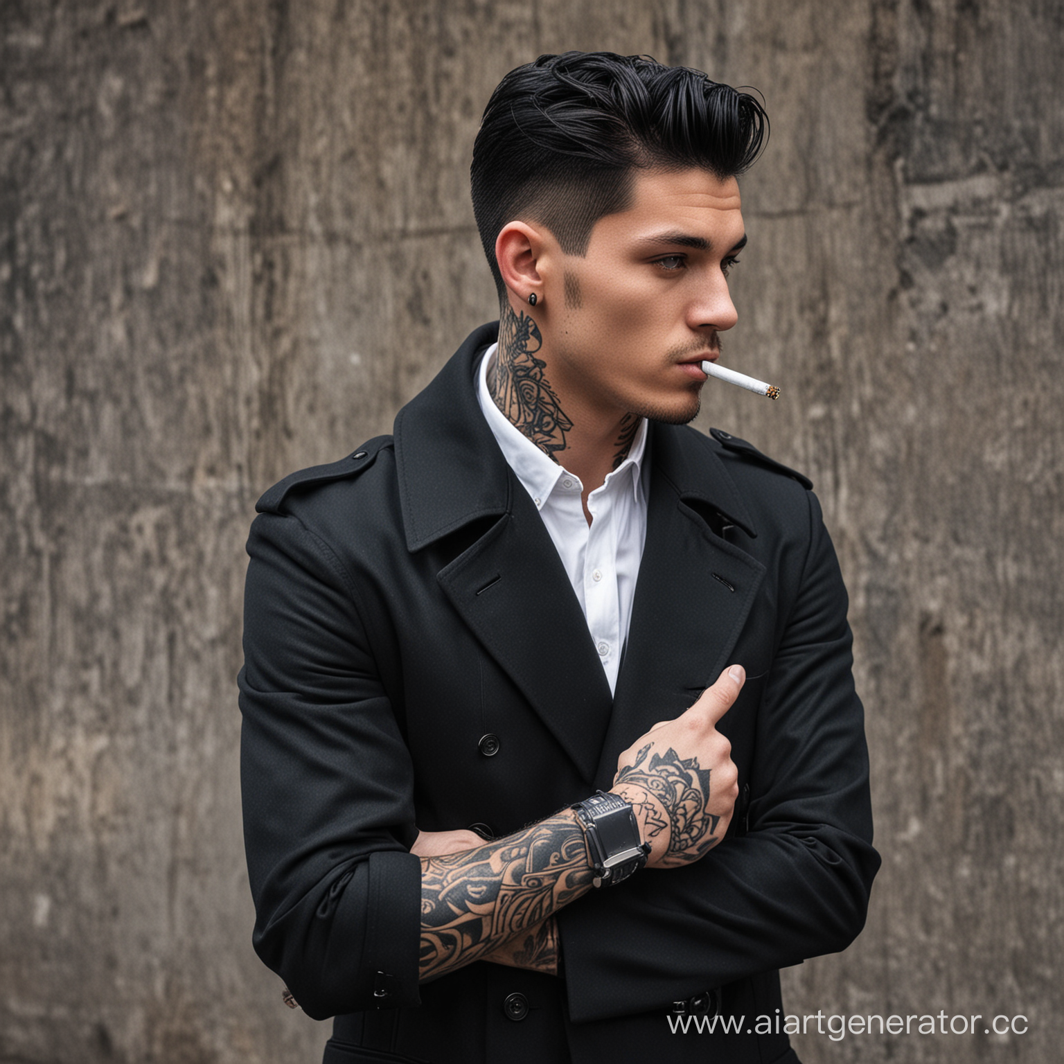 Молодой мужчина, с чёрными волосами, в чёрном пальто, с тату на руке, с сигаретой в зцбах