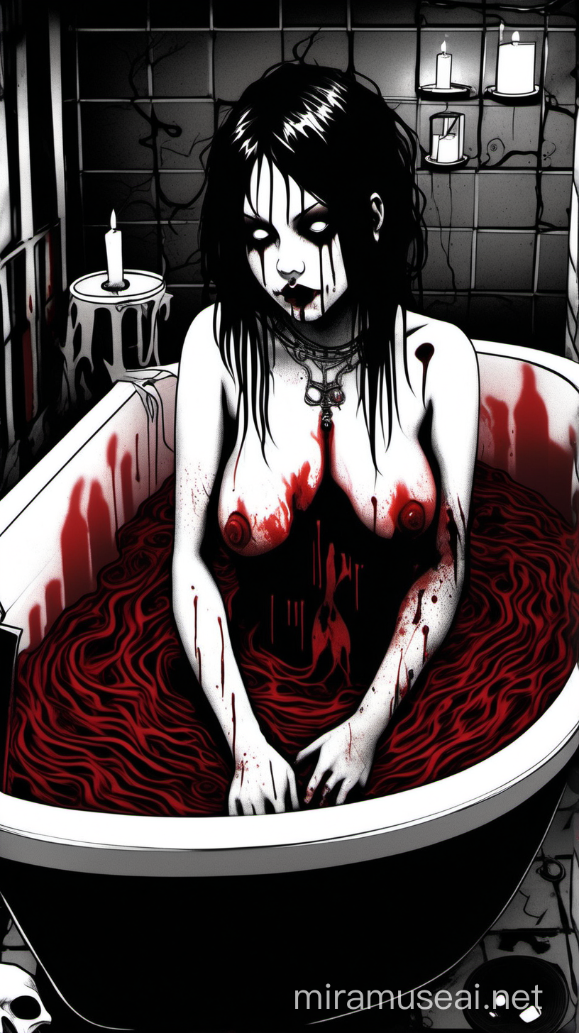 A pale-skinned voluptuous emo girl with dark hair and multiple body piercings, lying naked in a bathtub filled with deep red, thick blood under dim, flickering candlelight, creating a macabre and eerie atmosphere. The scene is captured in a high contrast, black and white filter, emphasizing the dramatic and gothic aesthetic.