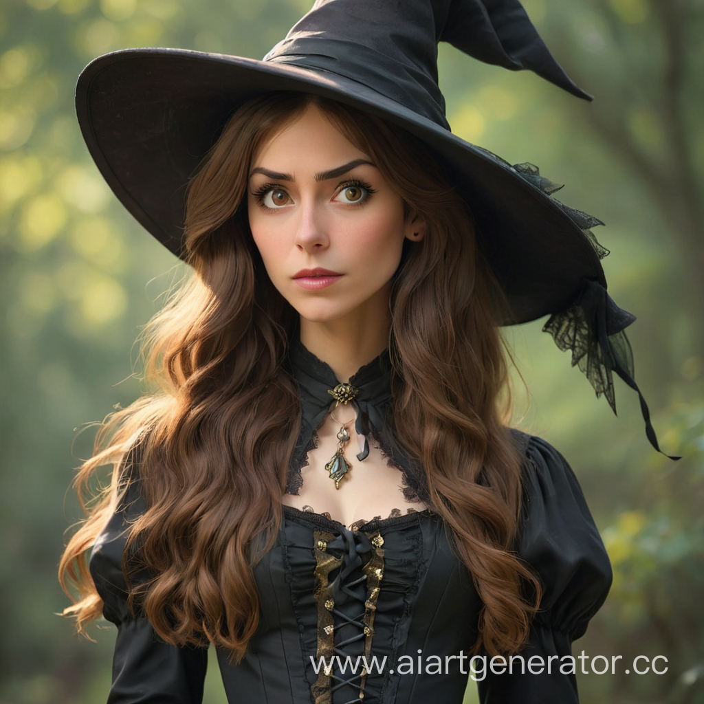 Transsexual adult woman, very hight, skinny, long brown hair,, hair smooched, hooked nose, skinny face. Has long Victorian styled dress, witch hat, grumpy face