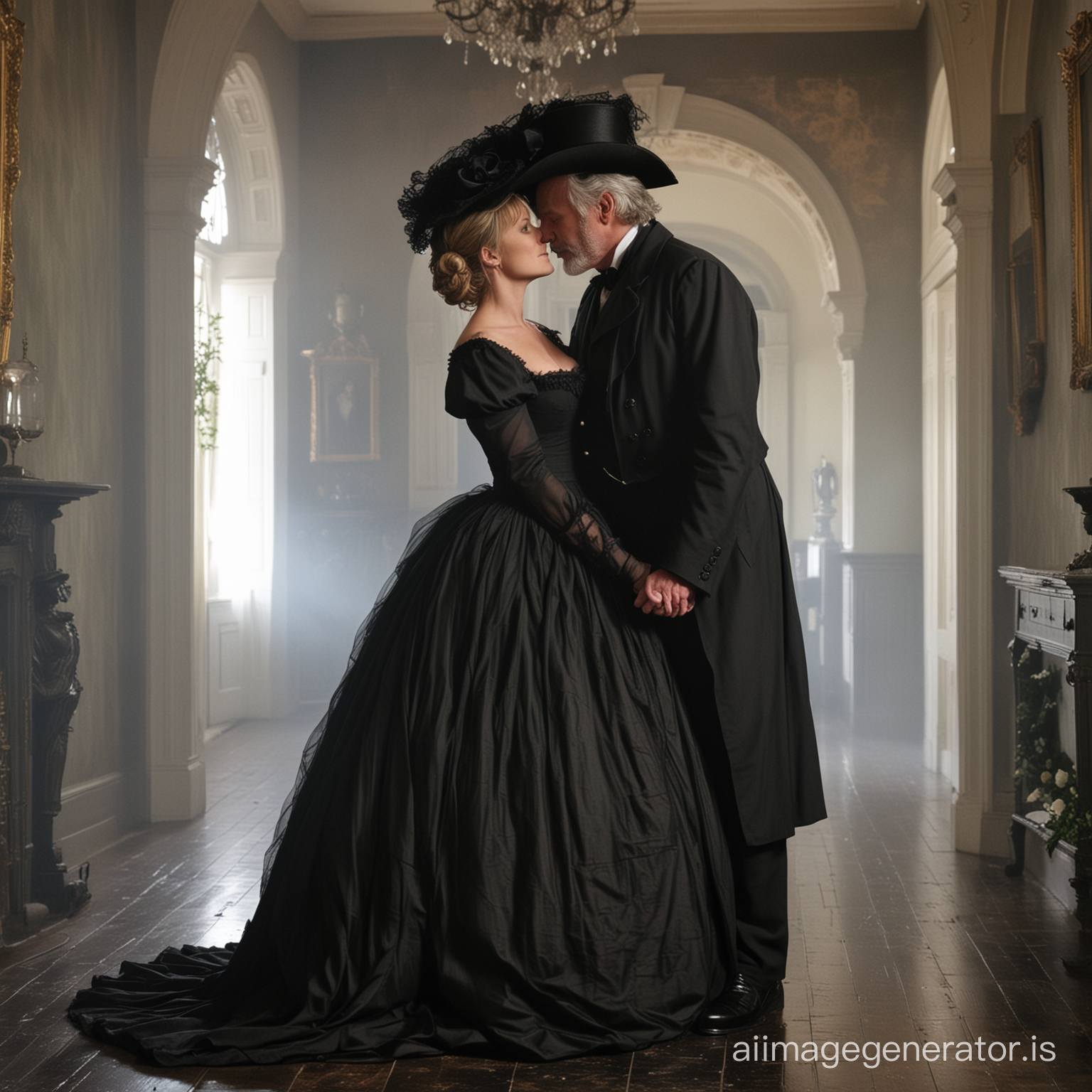 Amanda Tapping as Major Samantha Carter wearing a black floor-length loose billowing 1860 Victorian crinoline poofy dress with a frilly bonnet in a Victorian era mansion kissing passionetely an old man dressed into a black Victorian suit who seems to be her newlywed husband