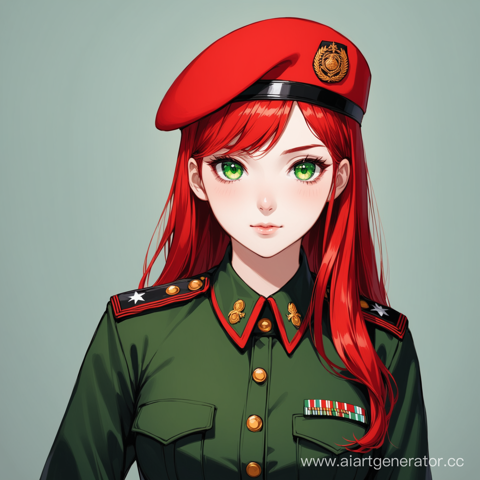 рыжая девушка с зелёными глазами, одета в военную форму чёрного и красного цвета, на голове красный берет