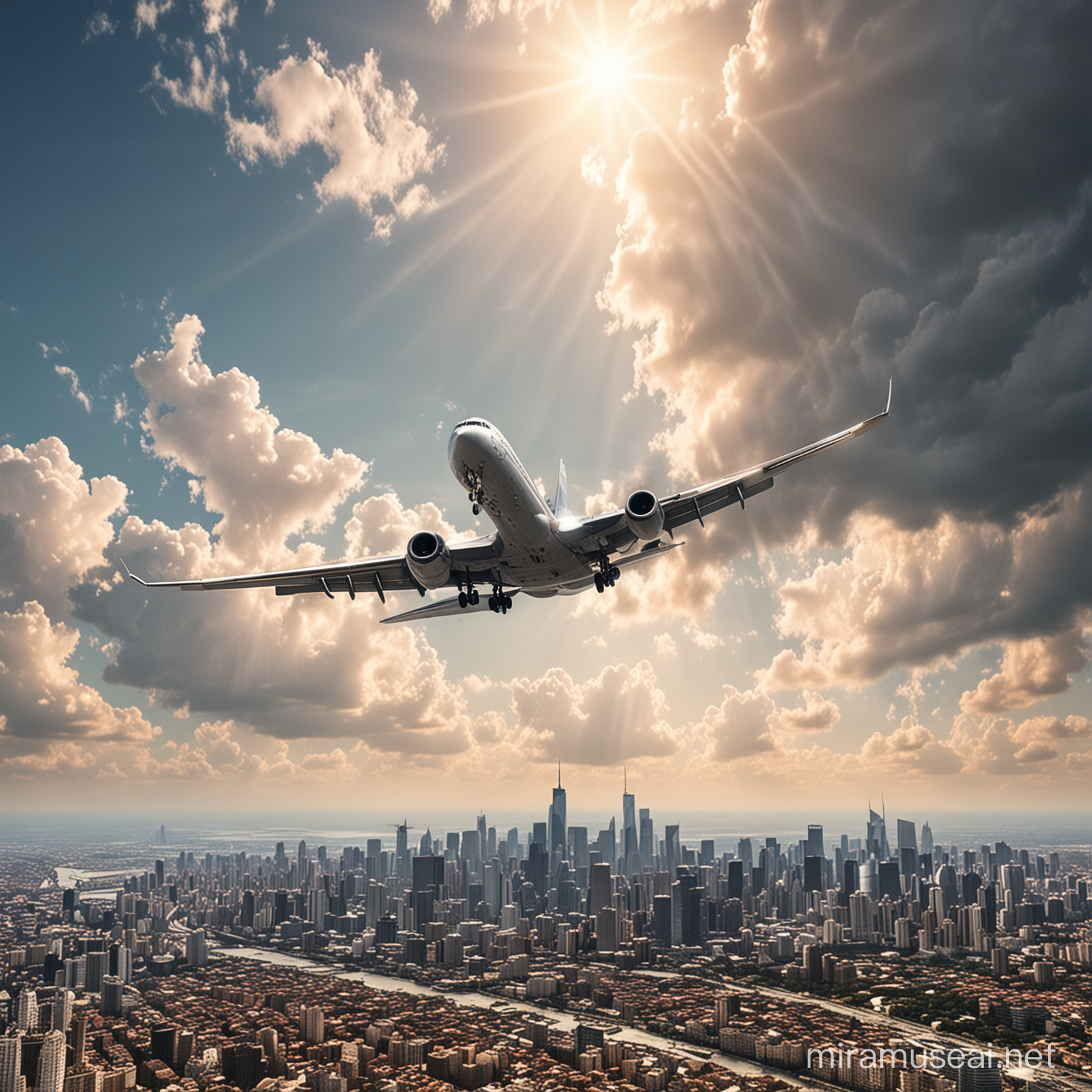 создай реалистичную картинку с полетом самолета над городом и красивым небом