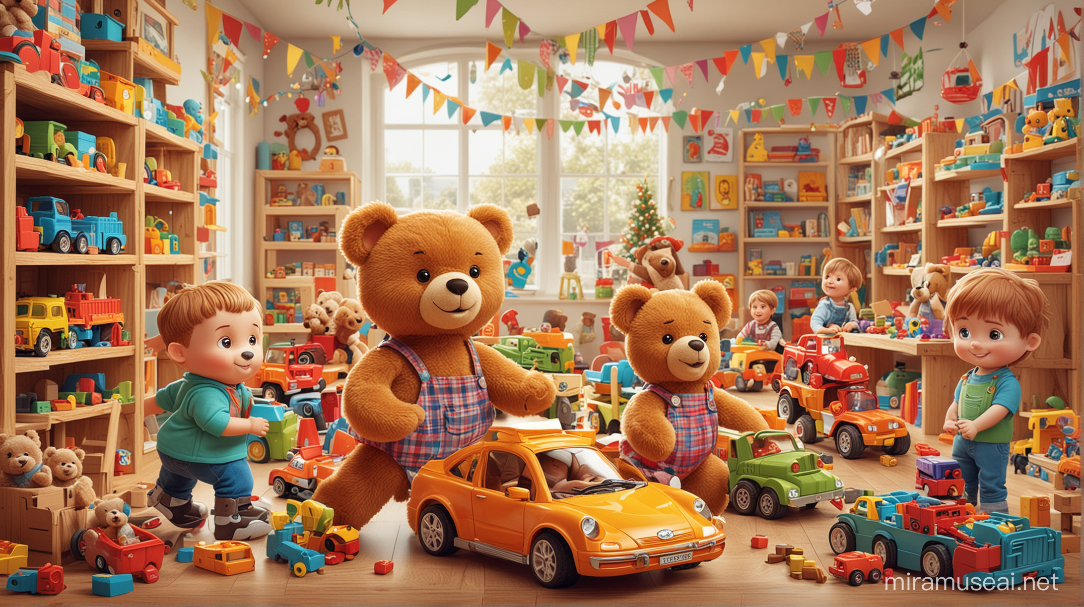 A joyful, colorful illustration designed for a children's toy store. The image should include bright, cartoonish images of children of different nationalities playing with a variety of toys: teddy bears, wooden constructors, bright plastic cars and educational games. The background should be bright and cheerful, with elements that create an atmosphere of magic and joy. 