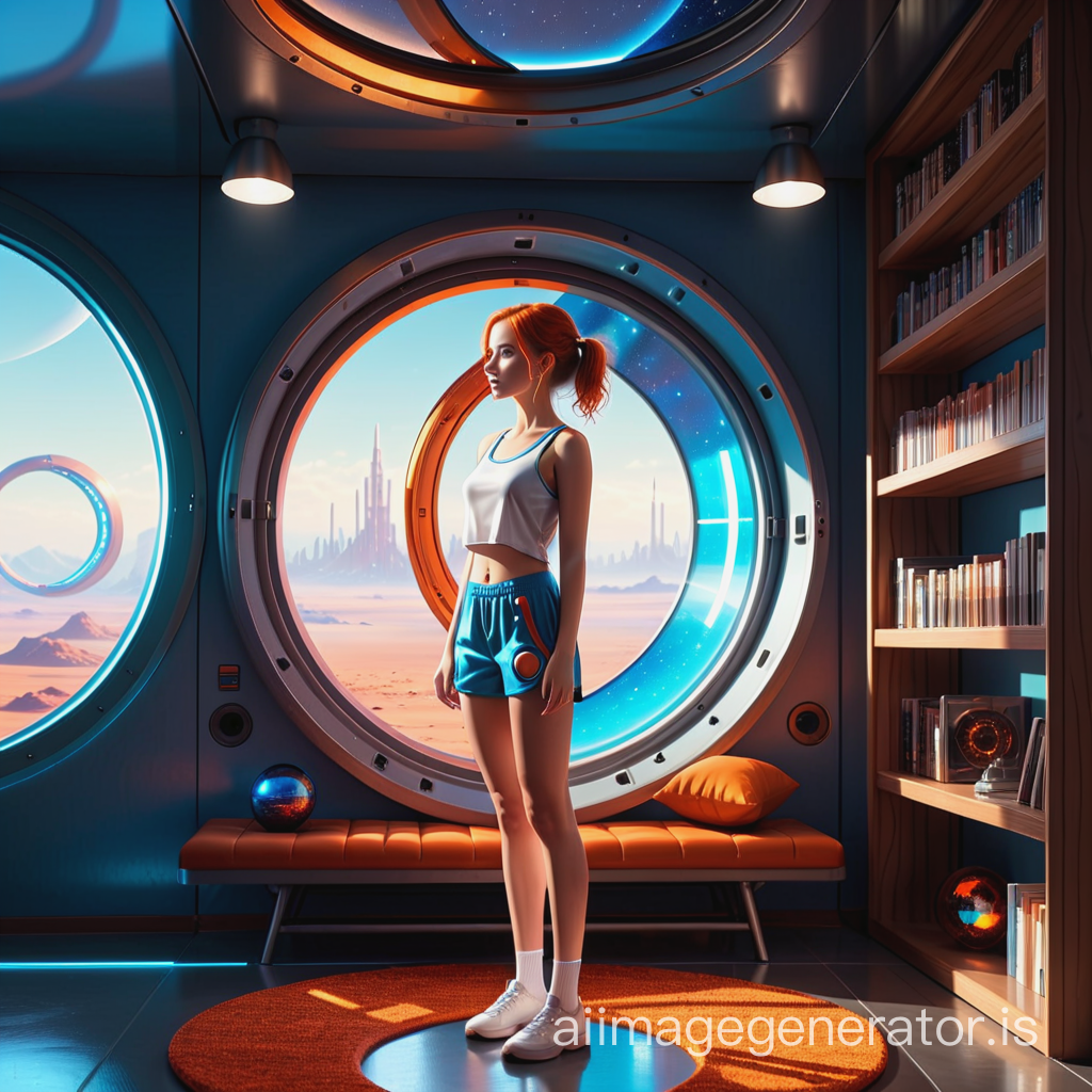 From near side, standing by window. Sci-fi design cozy 3D metal capsule apartment in a spacestation. Red planet. Sun. Sci-fi space 3D feeling. Bookshelf. Screens. Stained-glass blue round window with reflection and Orange LED. Colorful carpet. Full body side view. Good-looking teen women with freckles curious detailed eyes and smile. Tight tanktop and slinky shorts. Ultra realistic. Wide angle.