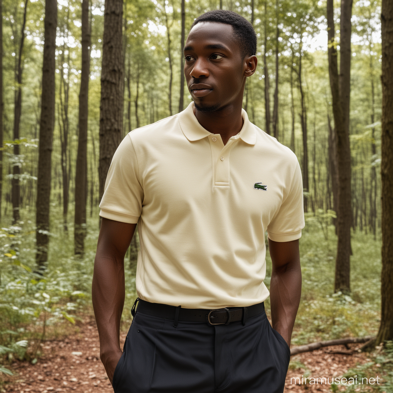 a black environment manager wearing a cream polo lacoste in a forest area