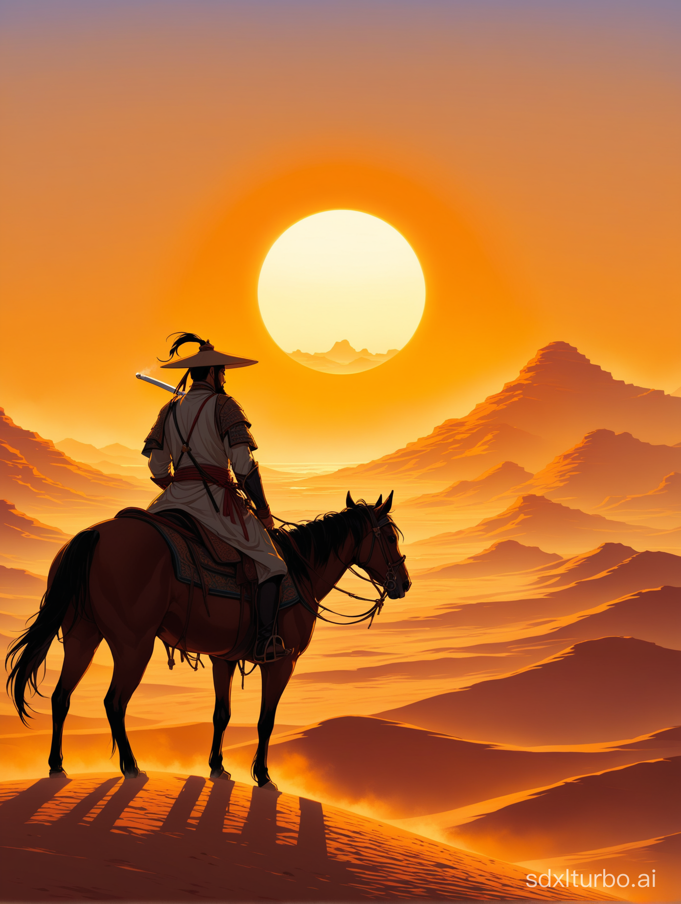In boundless desert lonely smokes rise straight;  the sun sinks round,A Chinese swordsman on horseback looks out at the sunset