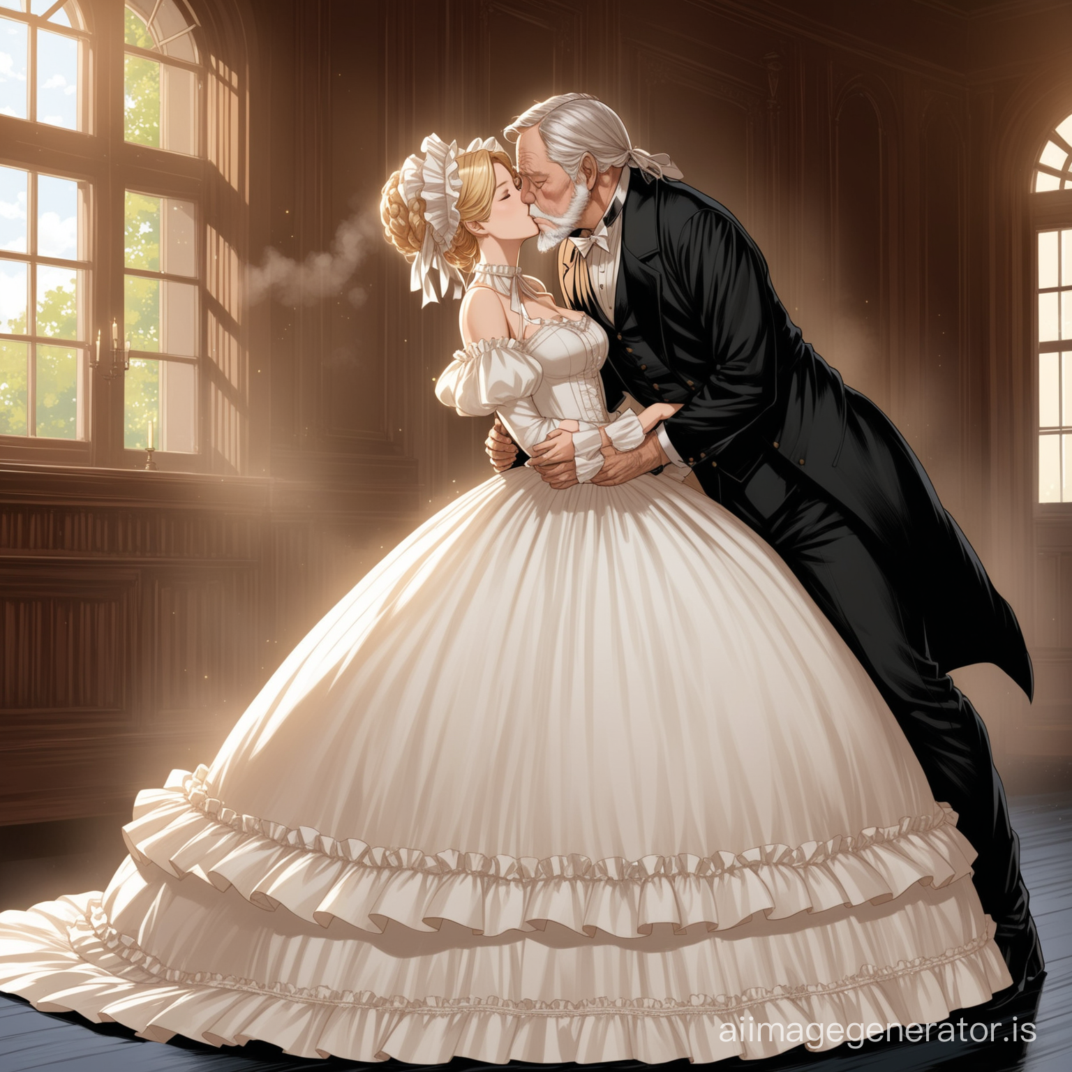 Sue Storm wearing a black floor-length loose billowing 1860 Victorian crinoline poofy dress with a frilly bonnet in a Victorian era mansion kissing passionetely an old man dressed into a black Victorian suit who seems to be her newlywed husband