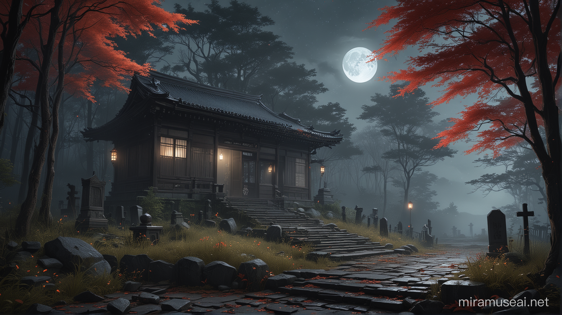 view from the steps at the entrance of an old abandoned Japanese mansion in the forest, Graveyard, Shimenawa in trees, night with full moon and fog, creepy haunted Japanese shrine, Red Japanese trees, fireflies fly on sky, water on floor, ultra detailed, high resolution, best composition, illustration, acrylic palette knife, makoto shinkai style, Codex_401 style, mystical, Mystica_meta style, ghibli vibes, Fatal frame horror vibes, ultra detailed, render, stable diffusion, trending pixiv fanbox, --ar MJ V 6.0 , photo view from eye sight.