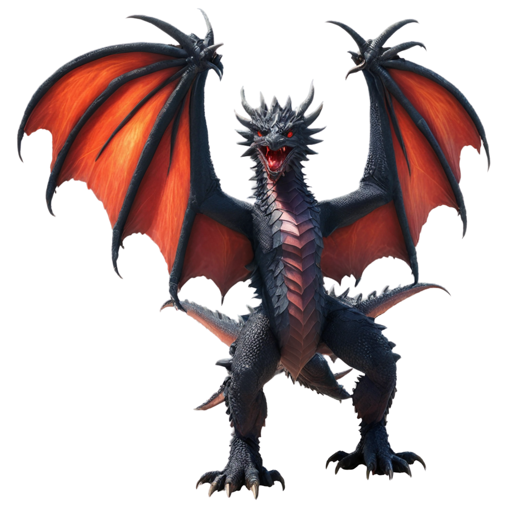 A majestic dragon, its scales resembling molten rock, standing proudly amidst a fiery landscape. The dragon’s wings are partially unfurled, with membranes that look like a tapestry of flames. Its eyes gleam with an intelligence and ferocity, a deep ruby red that matches the volcanic veins running through its scales. Ash and embers dance around it, caught in the hot updrafts of air. The dragon's tail is thick and powerful, with spikes resembling obsidian, and it whips through the smoke-filled air. Beneath its feet, the cracked earth glows with the heat of an inferno, the dragon's presence commanding and awe-inspiring, as if it has emerged from the very core of the earth itself.