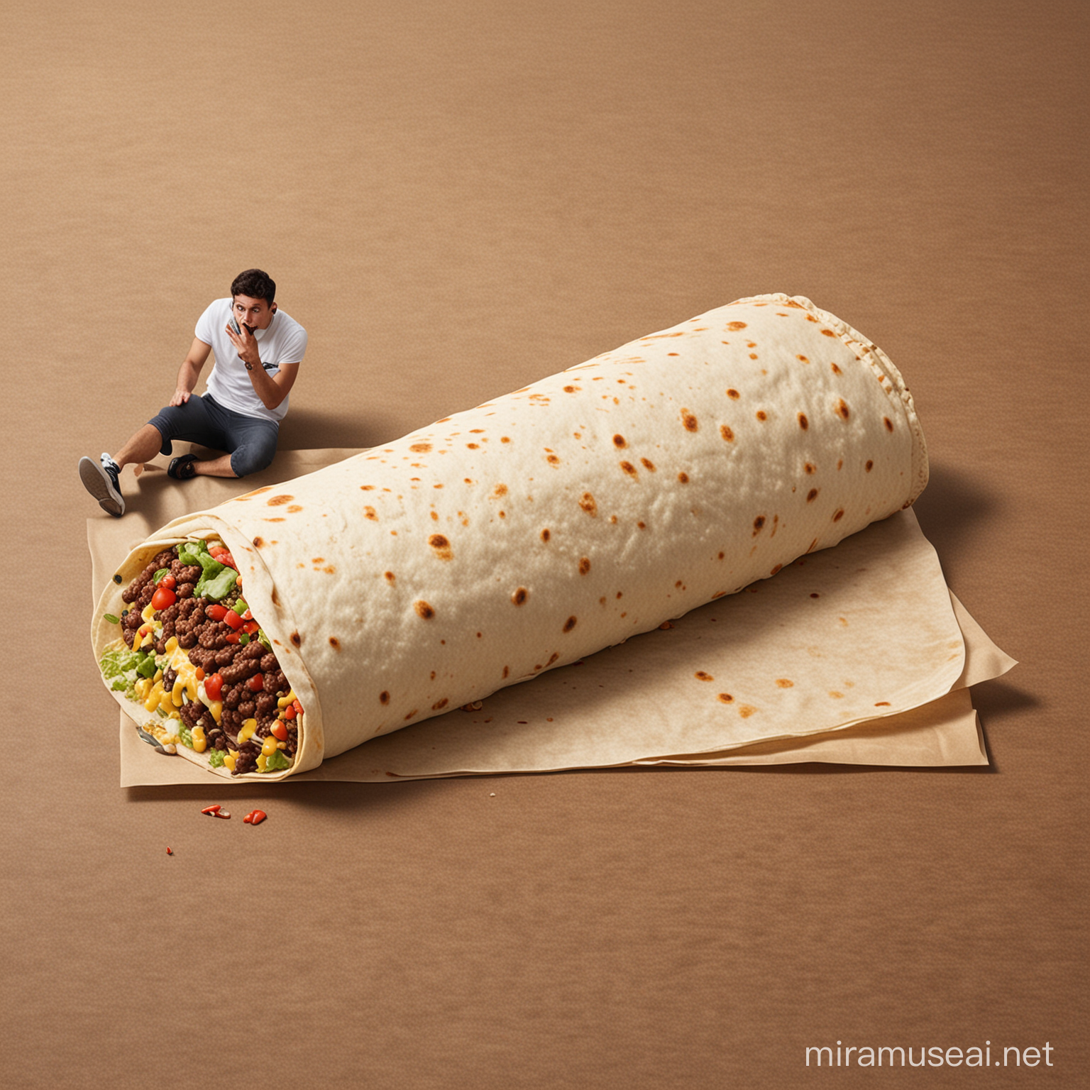  crea un burrito gigante al lado de un humano