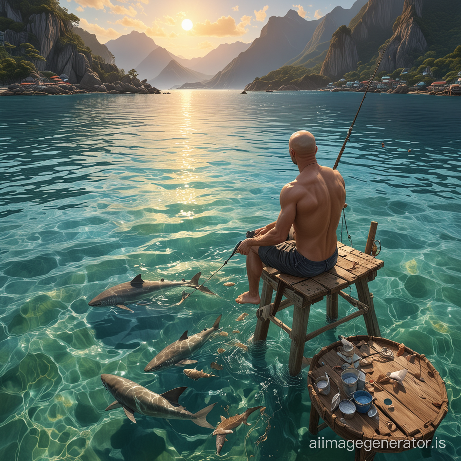 Tropical Sunset Fishing Scene Handsome Man Catching Fish on Wooden Pier  with Shark in Clear Water