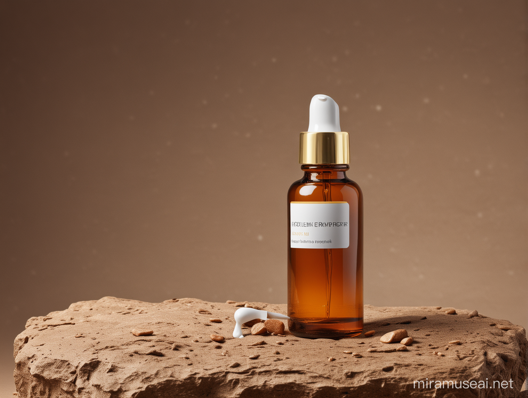 Serum amber brown bottle 50 ml with white dropper and golden base of dropper   on a rock piece for mockup of our brand and good background 