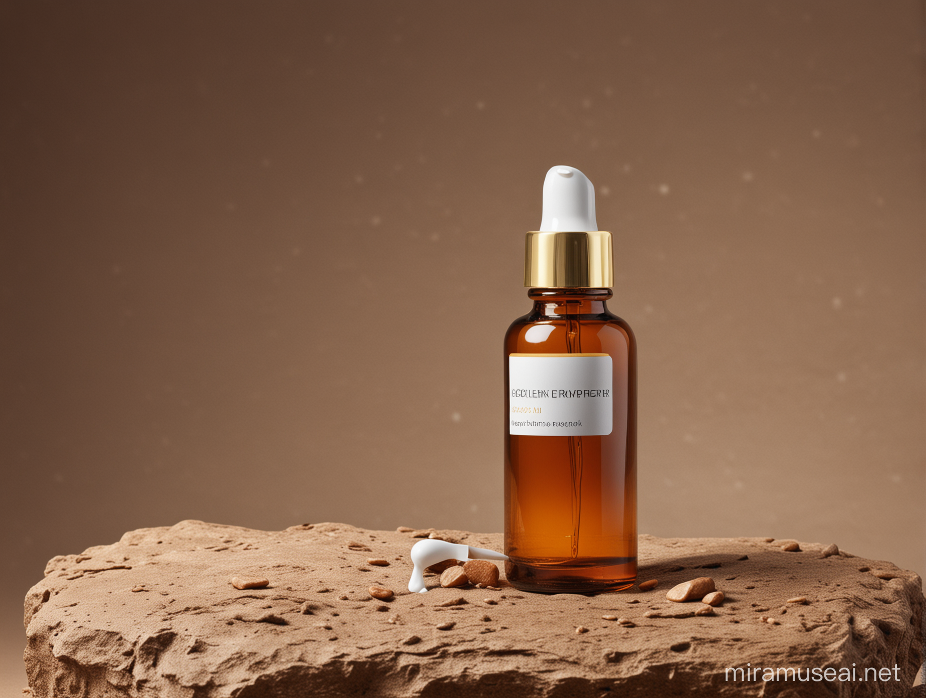 Serum Amber Brown Bottle Mockup on Natural Rock Surface with Golden Dropper