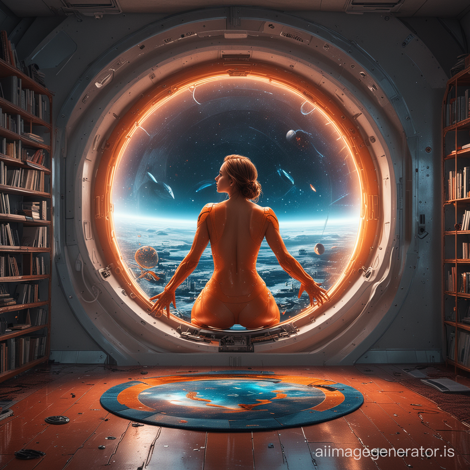 From near side, naked jennifer lawrence standing by window. Sci-fi design cozy 3D metal capsule apartment in a spacestation. Red planet. Sun. Sci-fi space 3D feeling. Bookshelf. Screens. Stained-glass blue round window with reflection and Orange LED. Colorful carpet. Full body side view. Naked jennifer lawrencefighting a giant octopud. Ultra realistic. Wide angle.