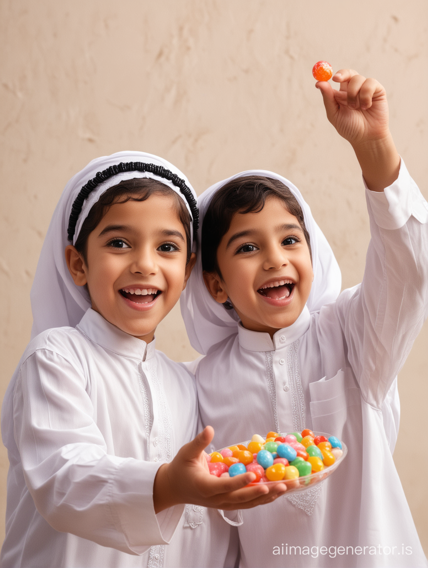 Happy Arab children throwing candy for Islamic events like Eid ul Fitr. Closeup image; angled sideways

