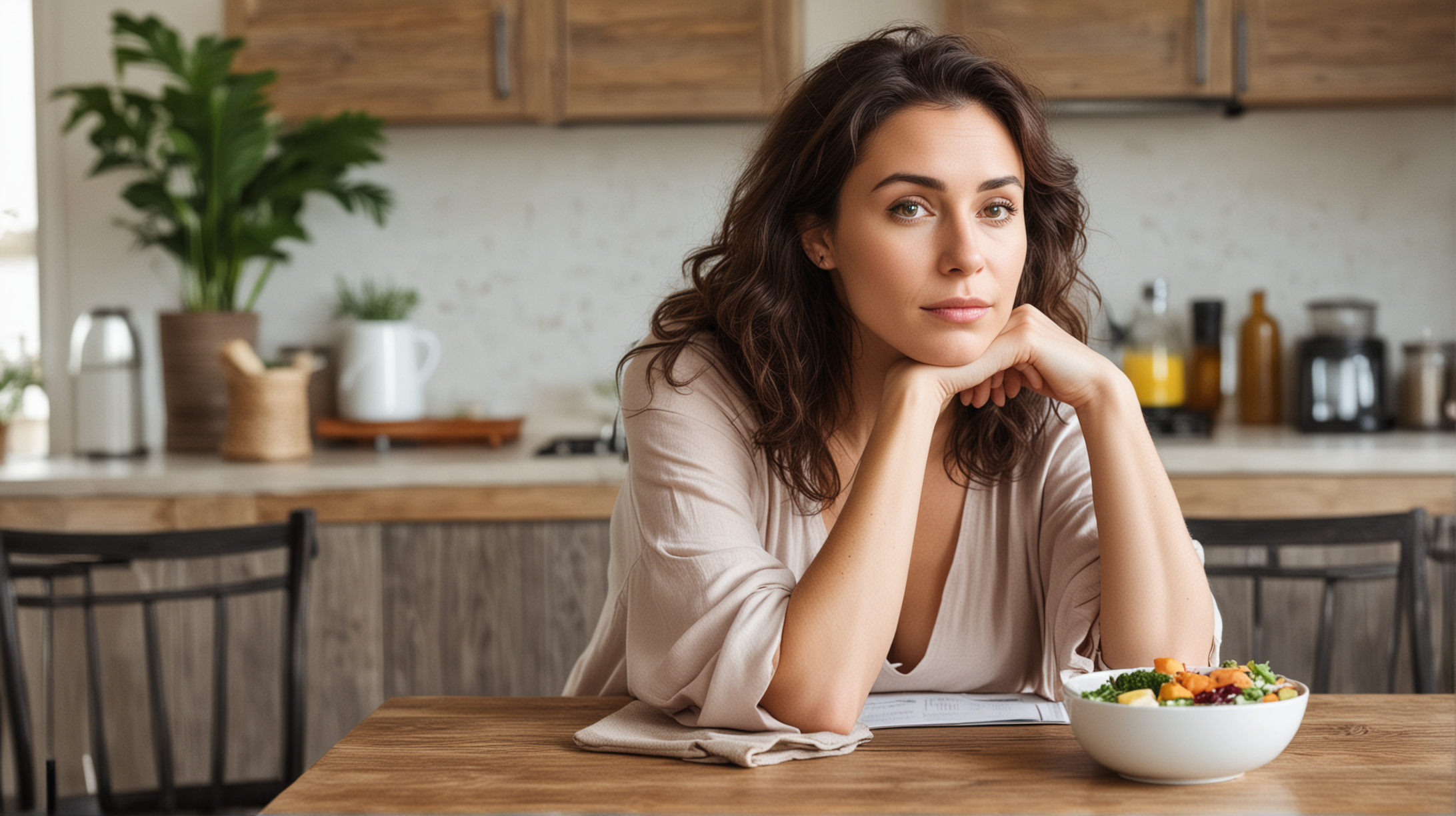 a woman sitting down at a table contemplating Nutrient Absorption