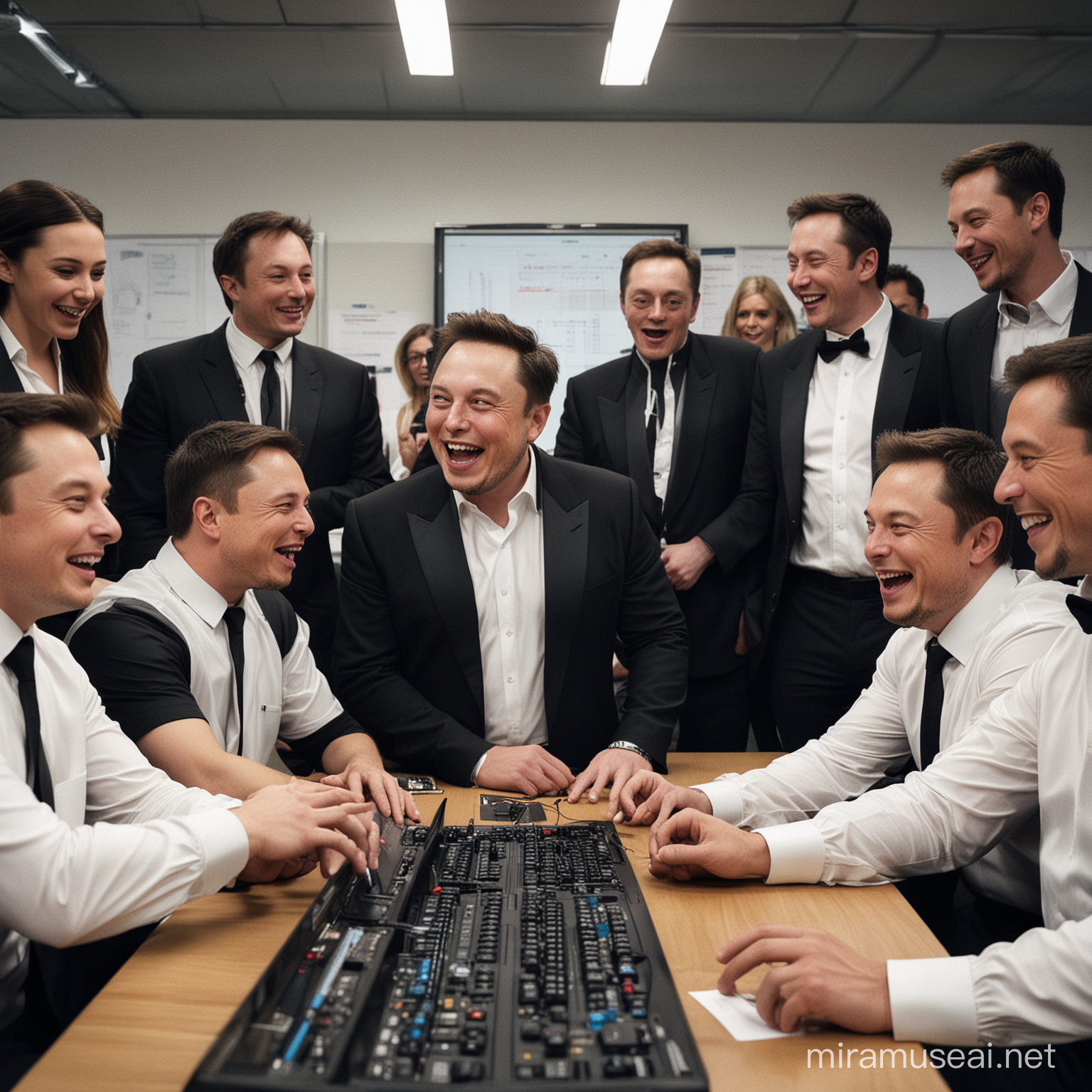 Elon Musk, dressed in a sleek black suit with a white tie, stands confidently amidst his team, who are gathered around computers displaying complex data. Musk's face adorns each team member, creating a surreal but captivating effect. As Musk extends his hand towards the screen with a grin, his team members wear expressions of shock and confusion. However, Musk himself bursts into laughter, amused by the simplicity of the solution. With a snap of his fingers, the problem is resolved, and the tension dissipates as the team joins in Musk's laughter. This image captures Musk's leadership, intelligence, and ability to inspire his team even in challenging situations.
