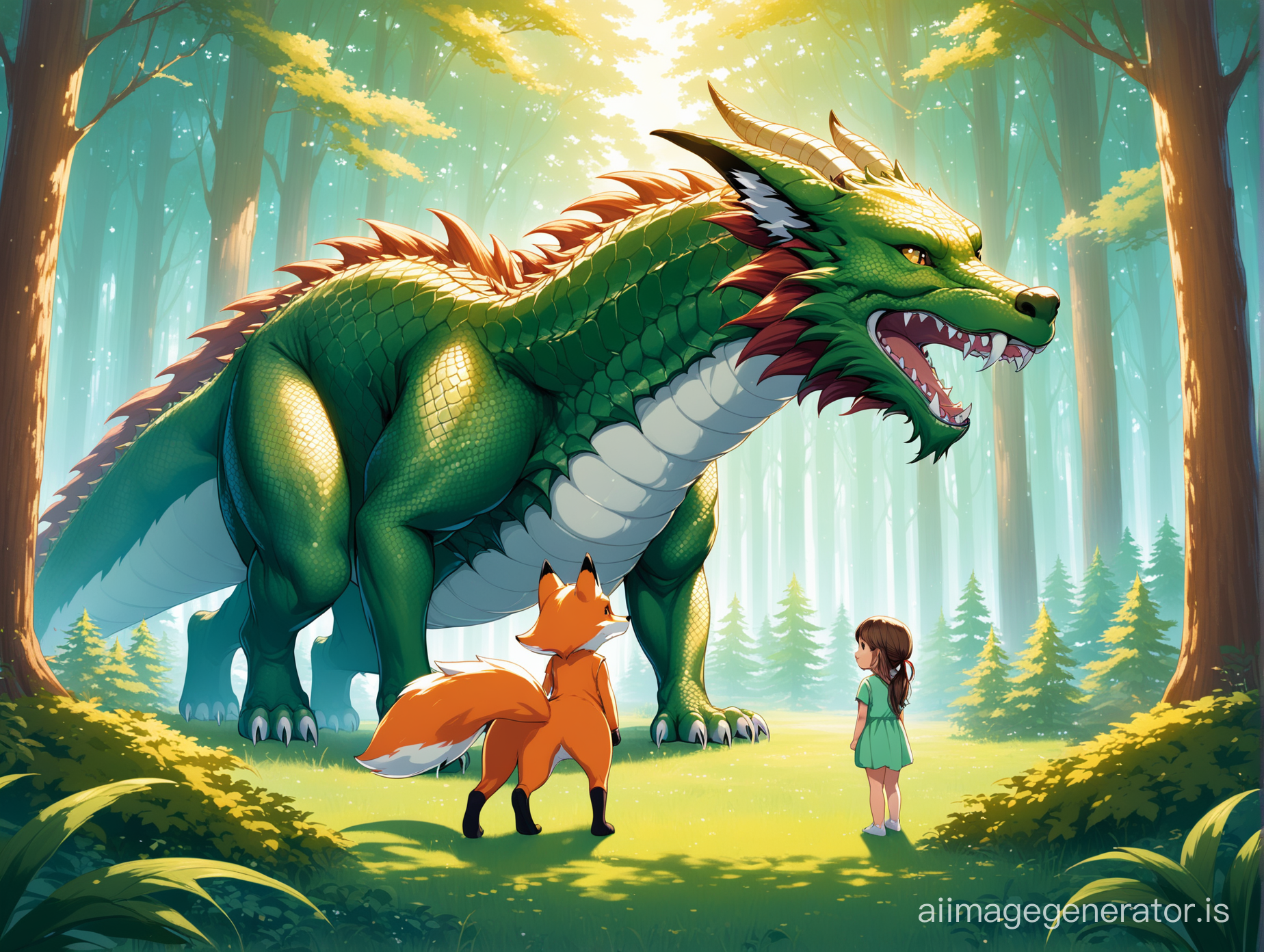 a little girl and a fox standing in front of a big dragon in the forest
