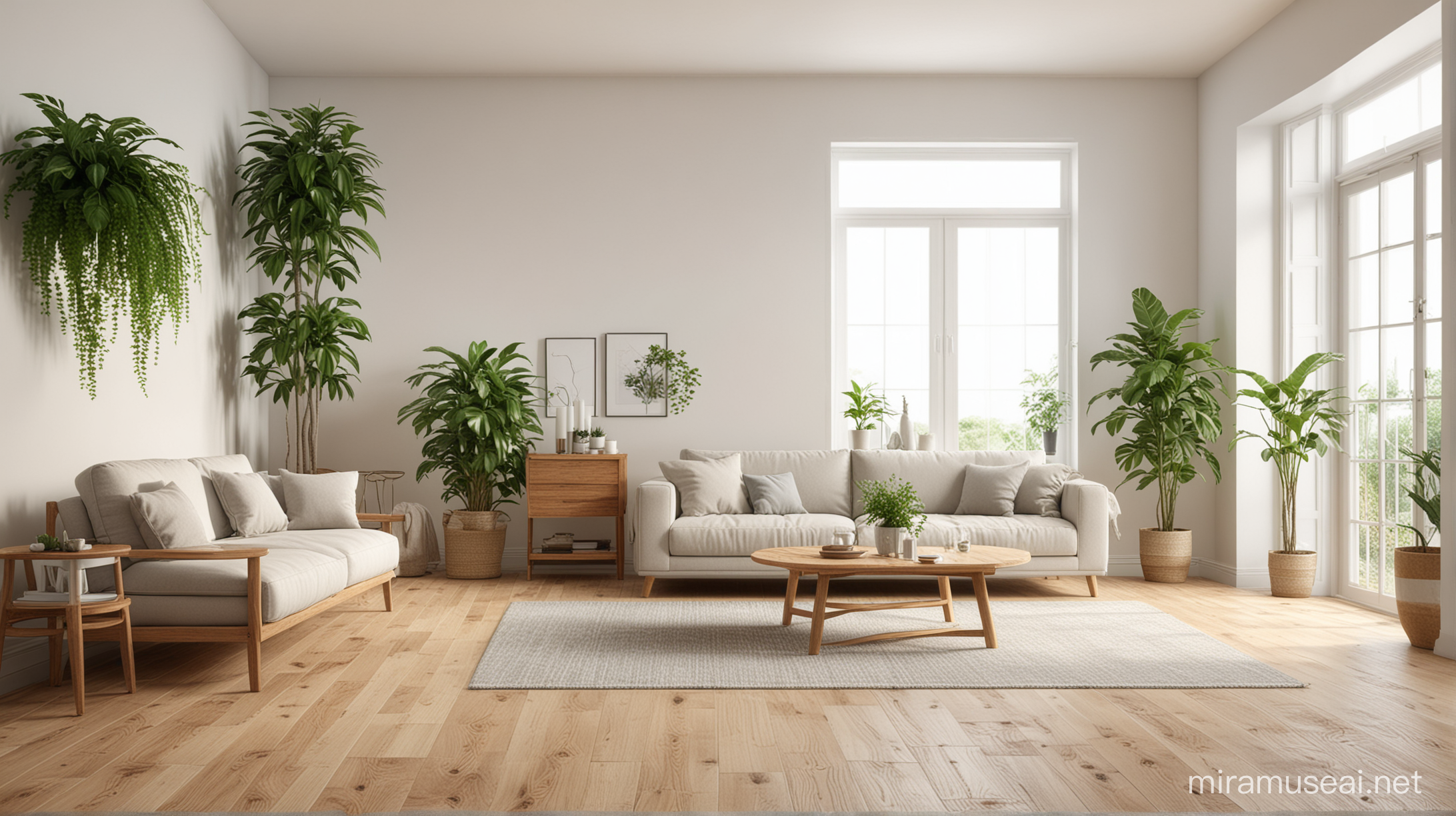 clean living living room, with some plants, realistic, hight quality, light room, with wooden ground