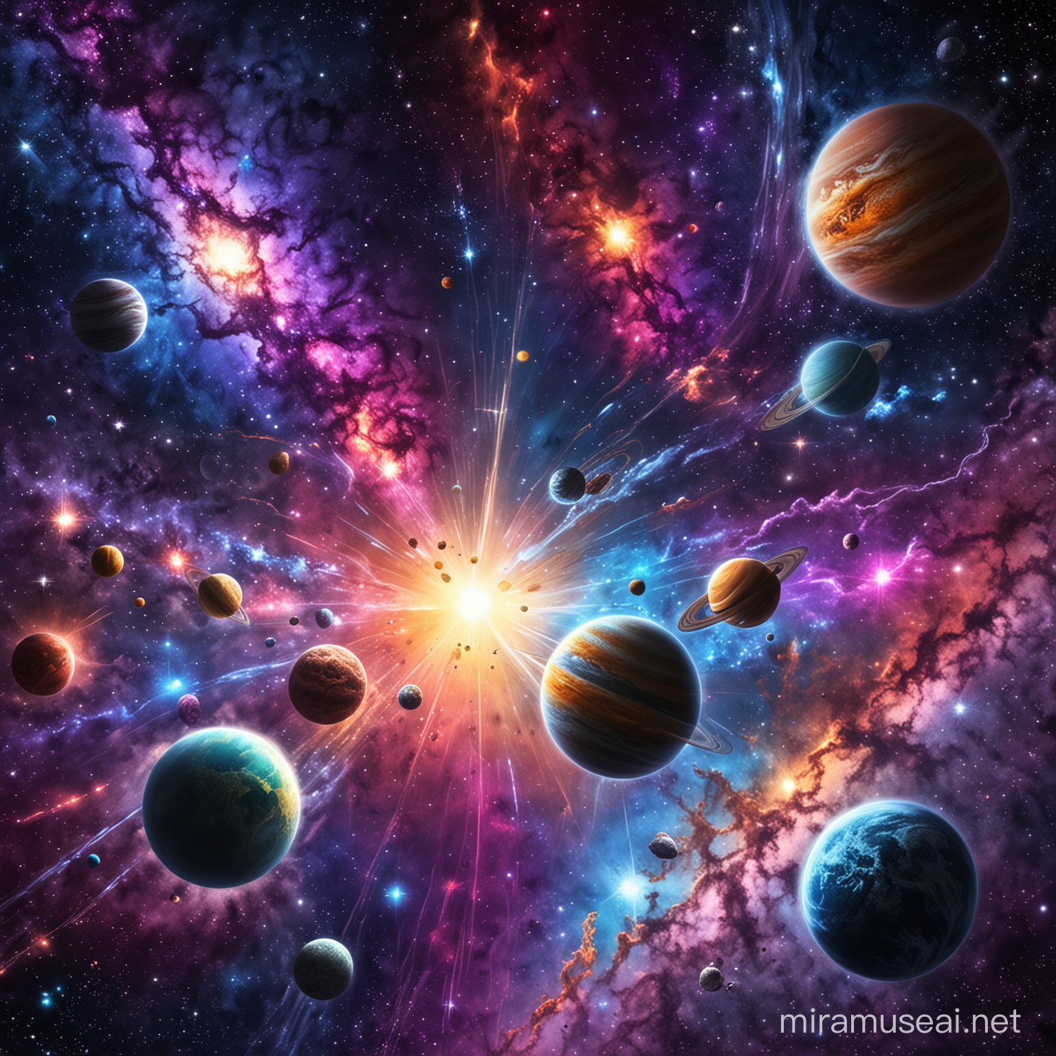 Galaxy background with different colors of planets and lightings