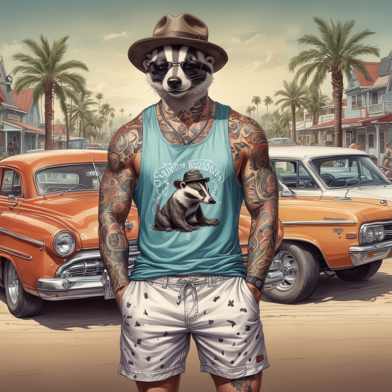 a drawn badger in board shorts and a tank top ready for summer with tattoos and a hat standing by two low rider classic cars
