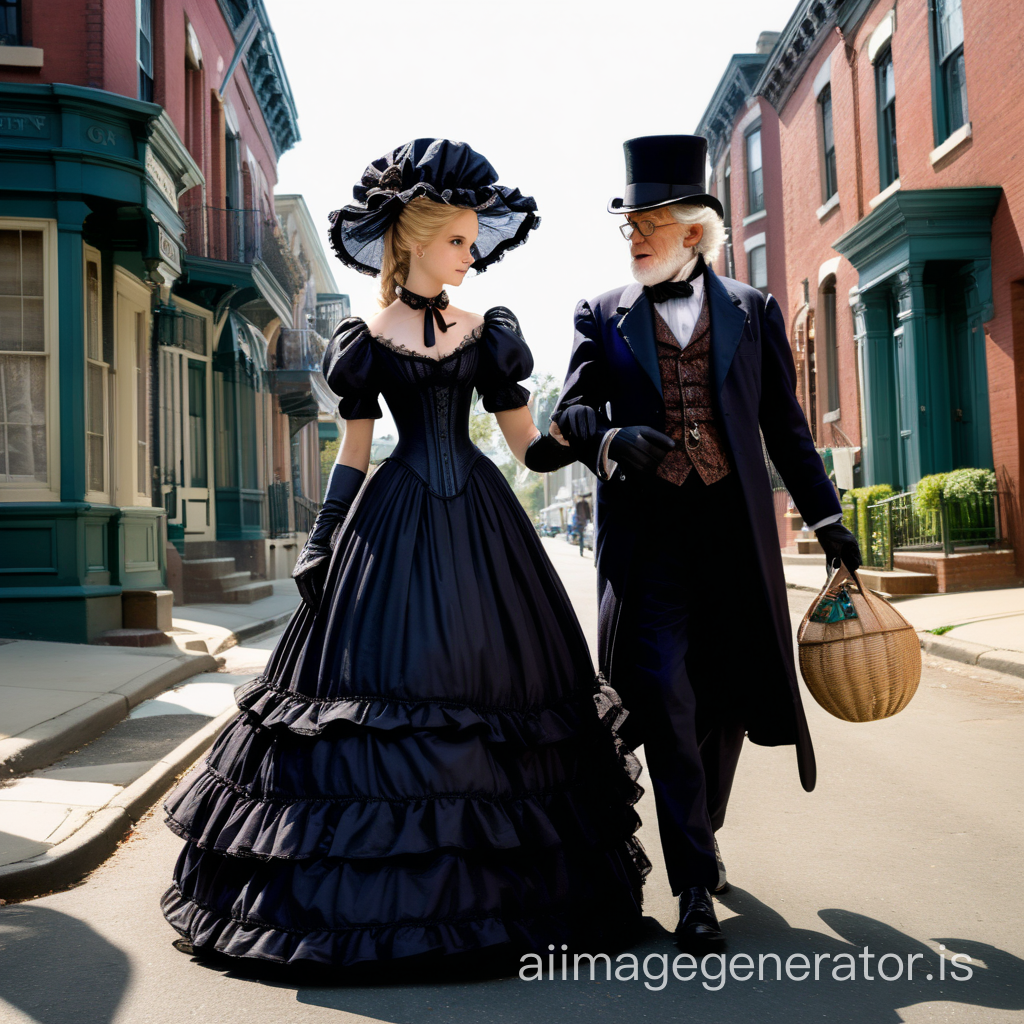 Susan Storm from the FF4 wearing a black floor-length loose billowing 1860 Victorian crinoline poofy dress with a frilly bonnet walking on a Victorian era street with an old man dressed into a black Victorian suit who seems to be her newlywed husband