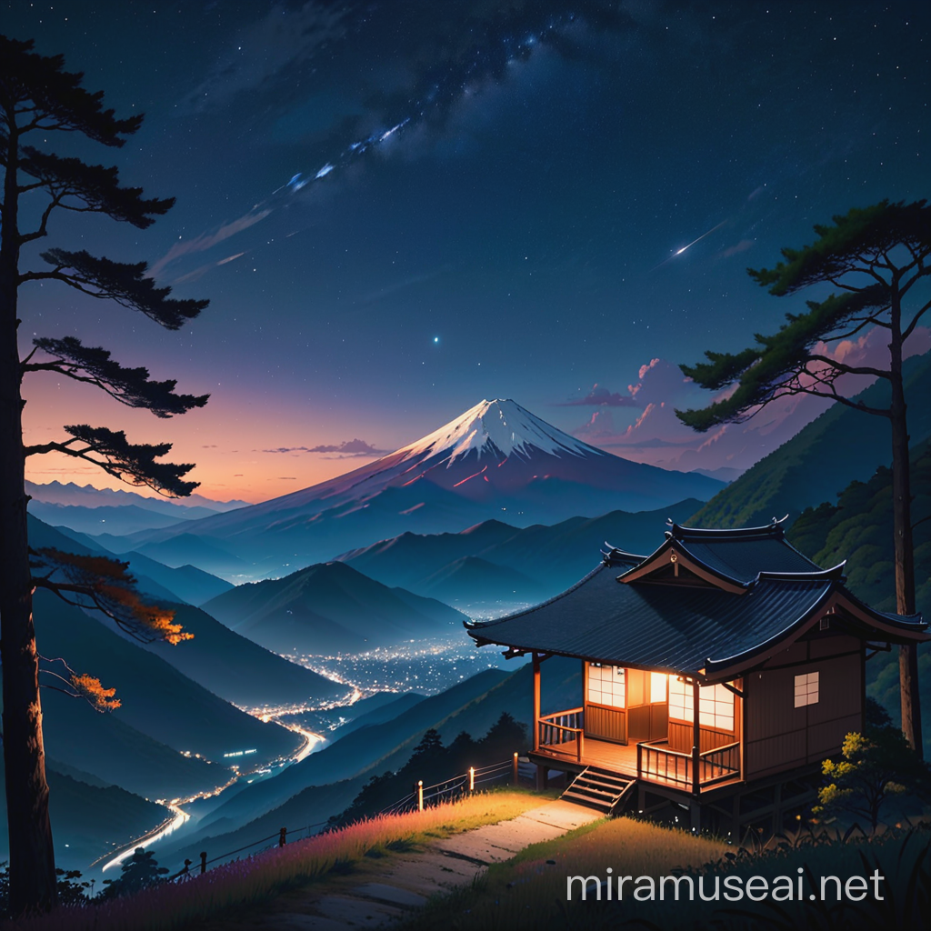 Japanese Mountain Night Landscape with Stars and Firewatch