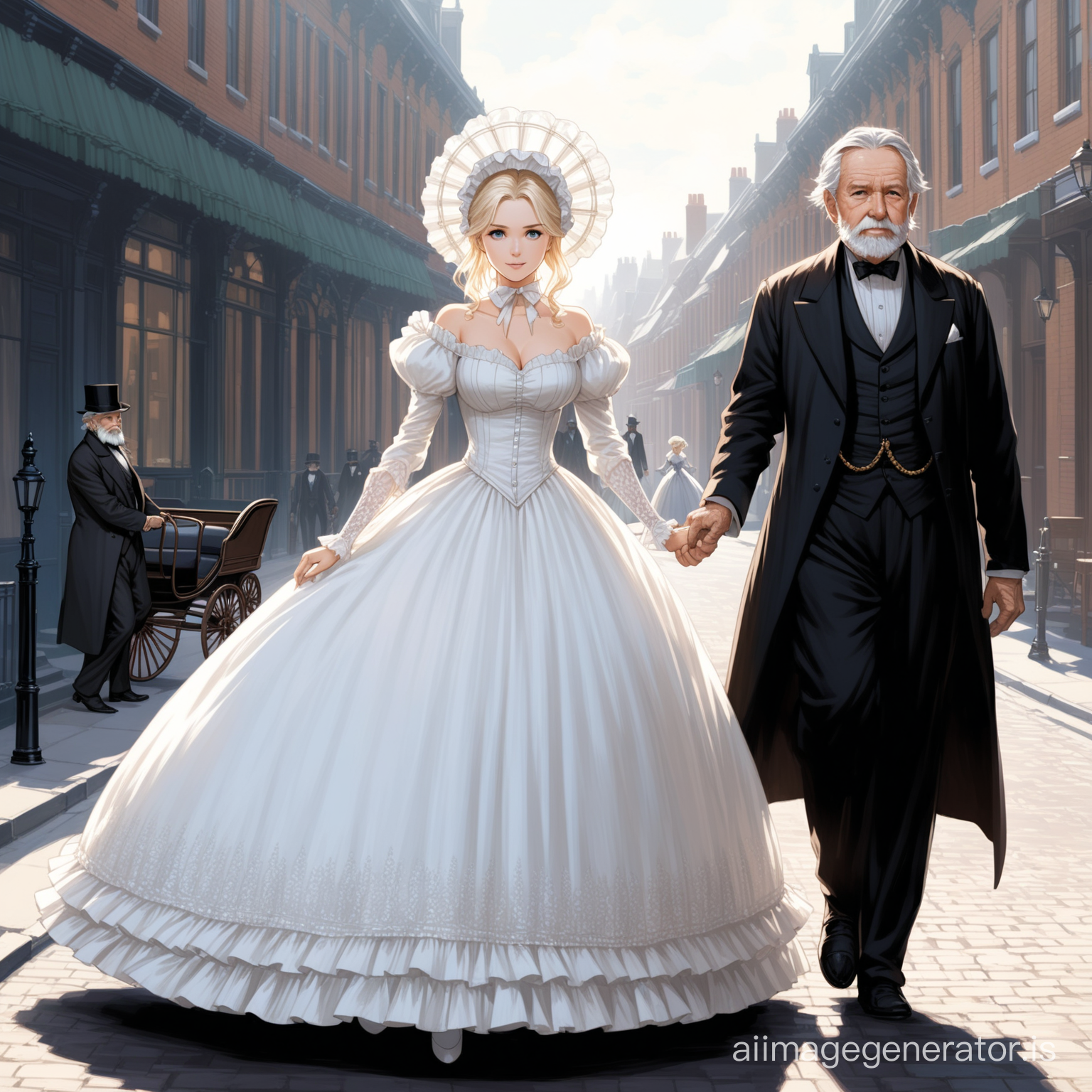 Susan Storm from the FF4 wearing a black floor-length loose billowing 1860 Victorian crinoline poofy dress with a frilly bonnet walking on a Victorian era street with an old man dressed into a black Victorian suit who seems to be her newlywed husband