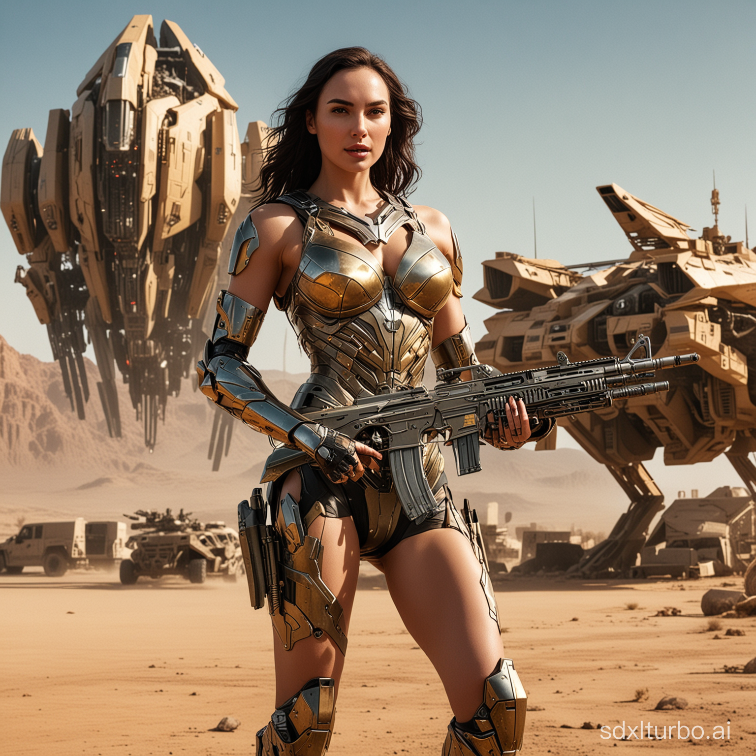 robot transformer AI that looks exactly like a sexy hot naked hot woman that looks like Gal Gadot with a sexy smile, tunning with guns blazing, outside in the desert with a futuristic military compound building on the background, and a large spaceship in the air. She's holding a cyber shiper rifle, full body visible. The metal pieces have a golden colour to it.