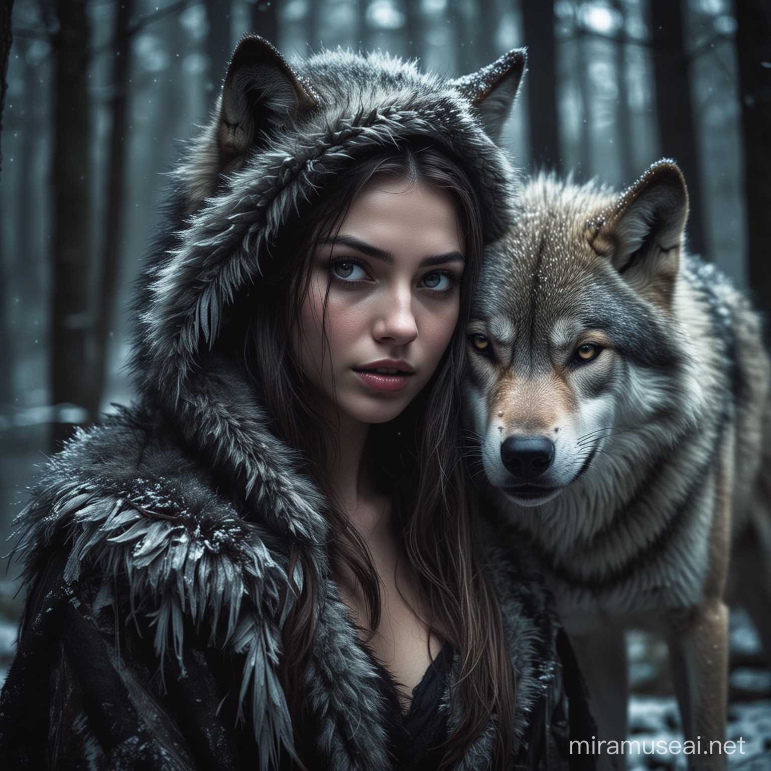Enchanted Encounter Fantasy Girl Confronts Wolf in Dark Forest