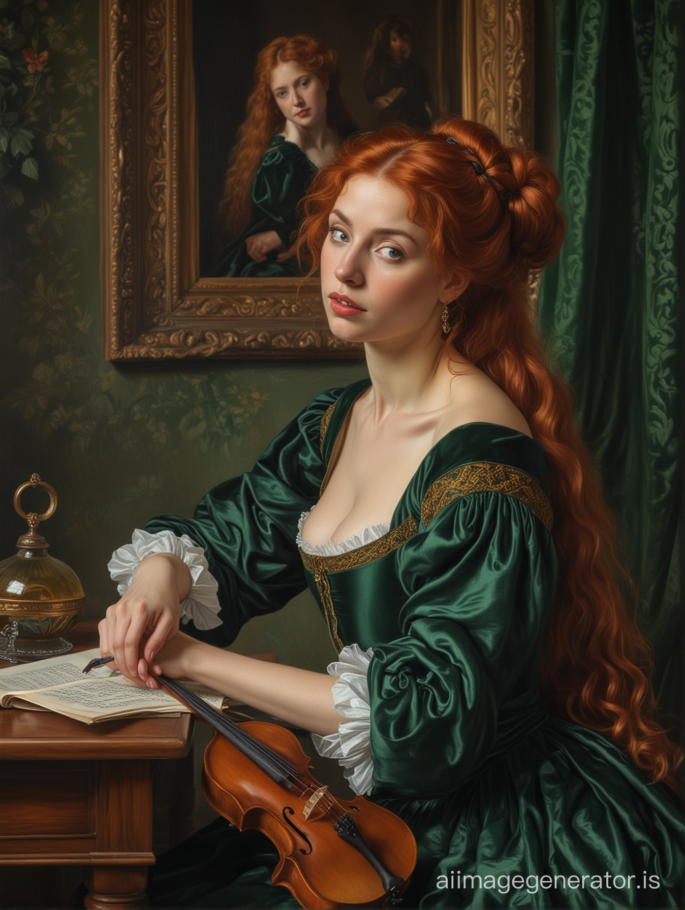 A masterpiece in the Pre-Raphaelite style, a large red-haired bored woman of about 40 with large facial features, thick lips, hair tied at the back of her head, in a dark green velvet dress sits at a small table, in profile, a violin hangs on the wall in front of her, the woman touches the violin with her fingers , dark green velvet curtain in the background, sophisticated dramatic lighting, oil on canvas, brush strokes, masterpiece in the style of Dante Gabriel Rossetti