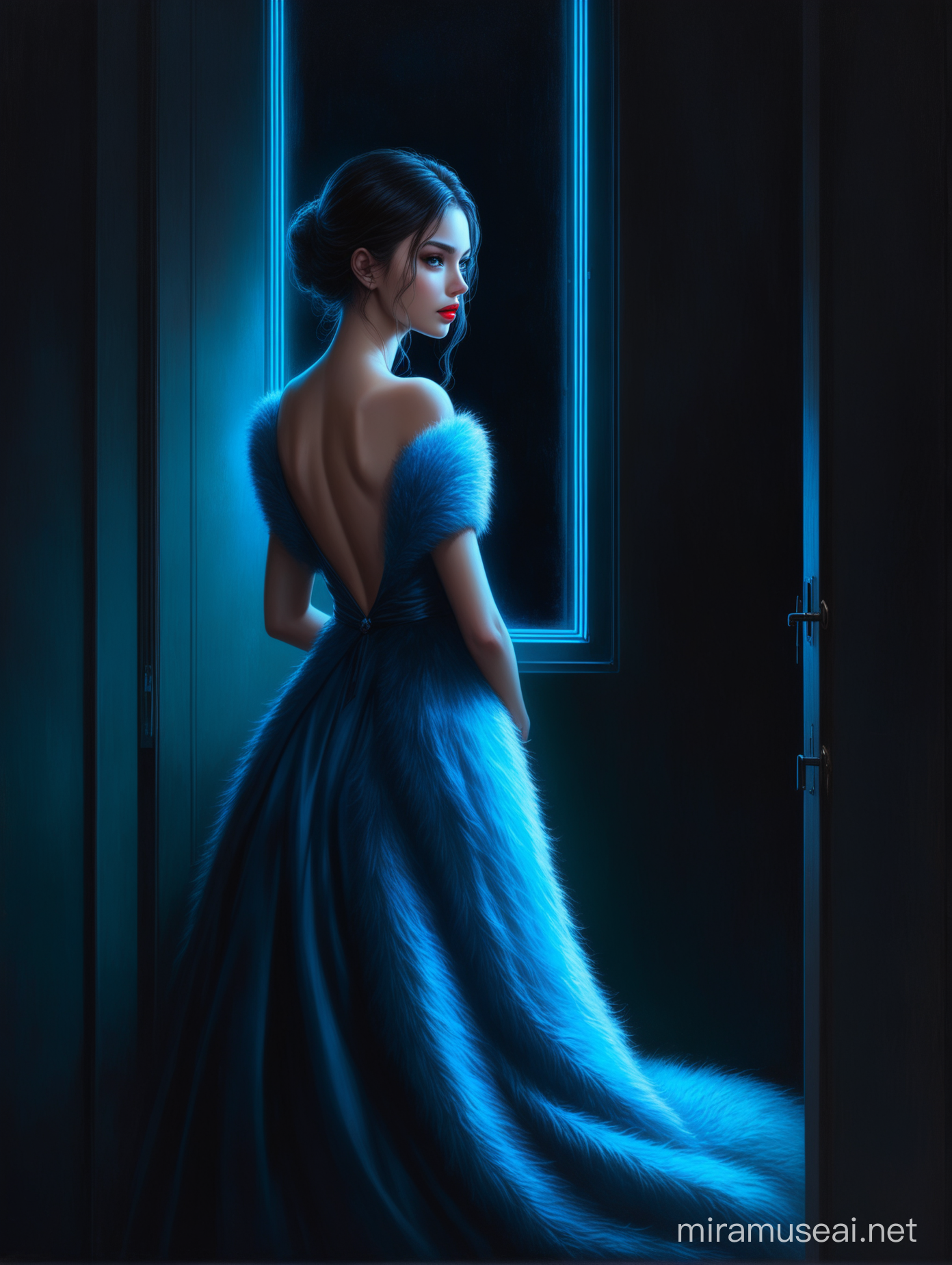 Beautiful Young Woman in Blue Fur Dress Looking Out of Window in Neonlit Atmosphere