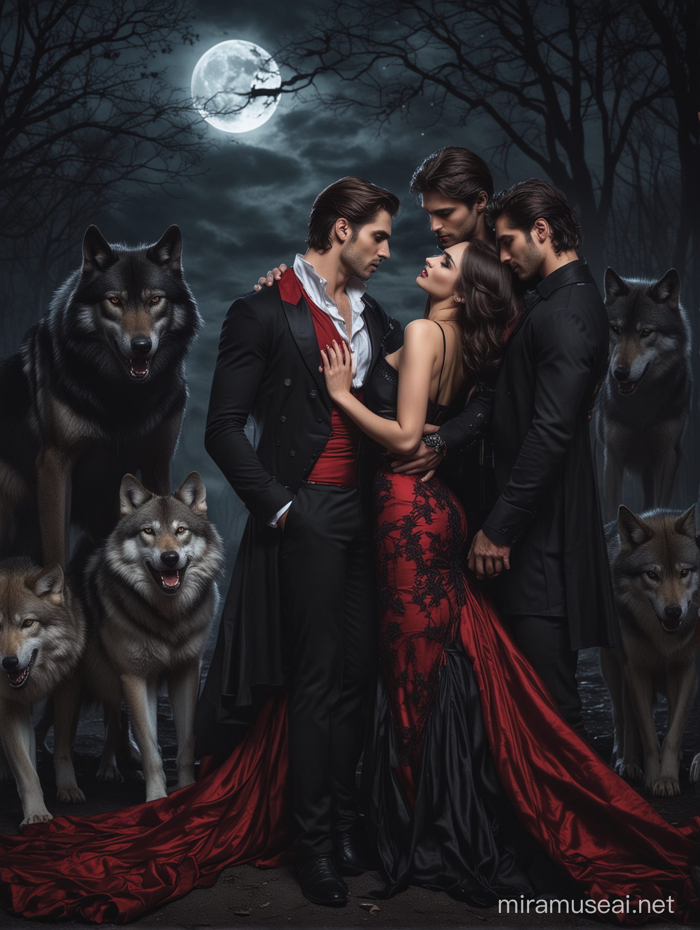 Three handsome men in red and black sexy wear, holding a beautiful lady in black dress romantically, and with wolves and vampires behind them, under the moonlight