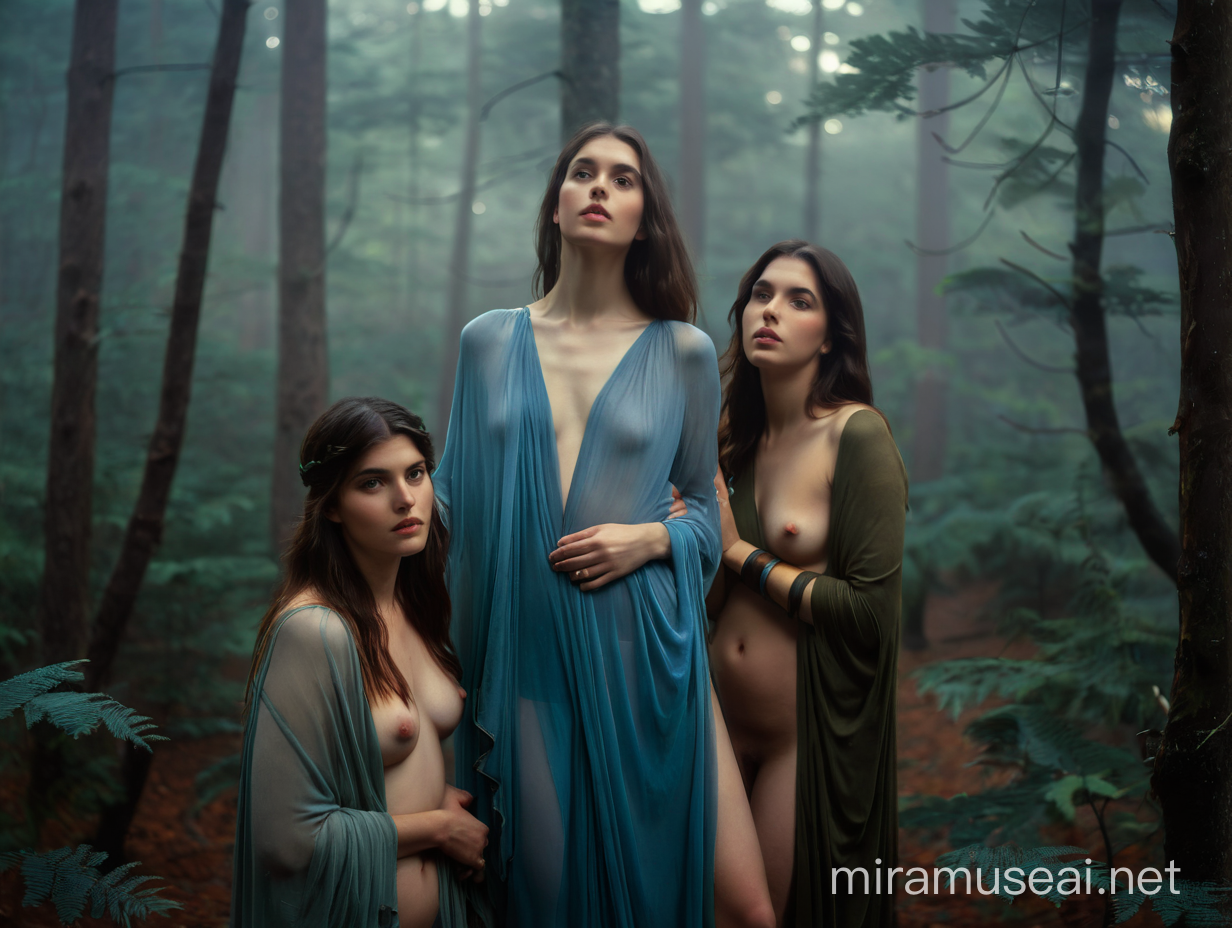 three nude.. naked.. muses in mystic forest at dawn..{ John William Waterhouse..}